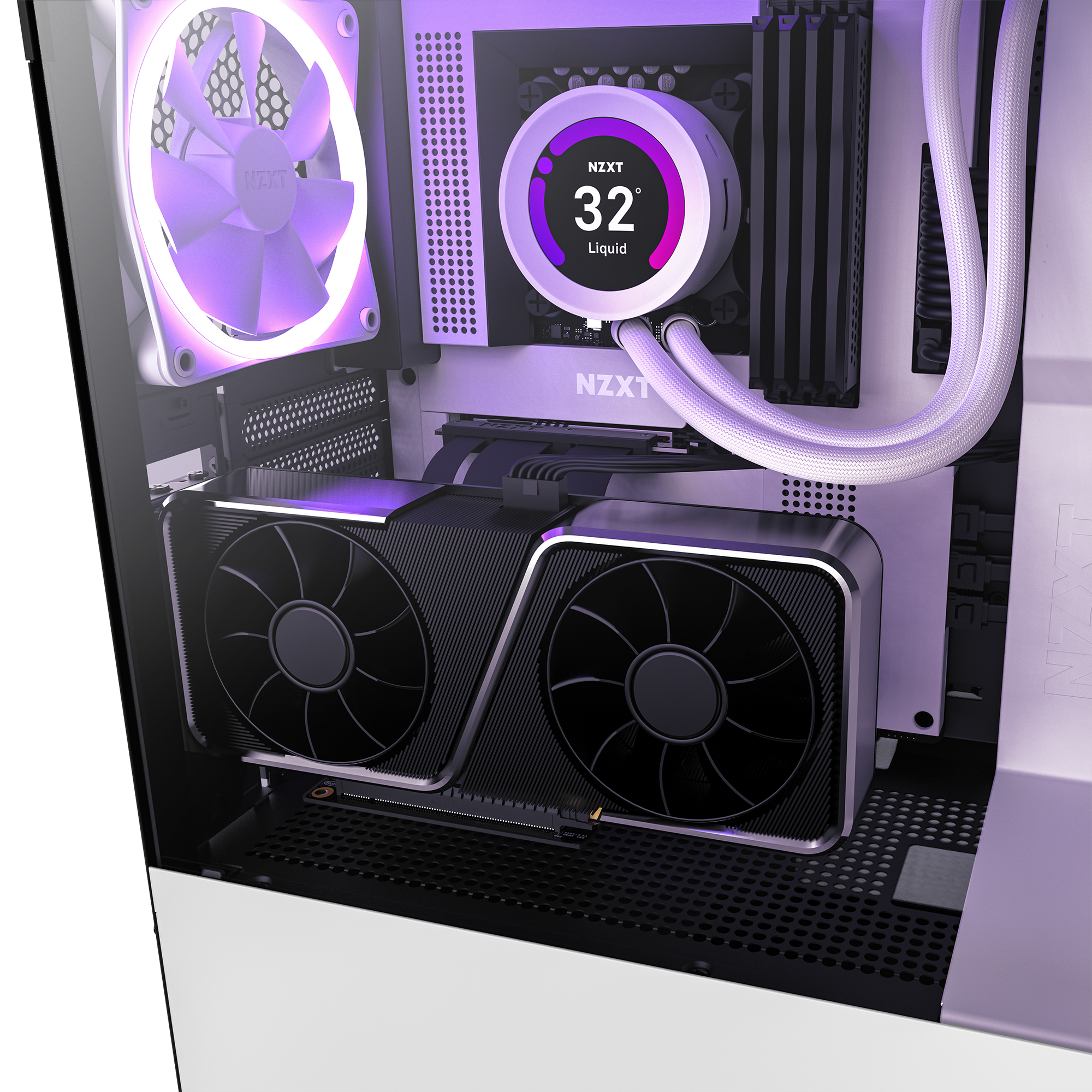 A close-up of a modern gaming PC interior with RGB lighting features dual GPUs enabled by the NZXT PCIe Riser Cable for high-speed data, liquid cooling at 32°C, white braided cables, and a sleek case.