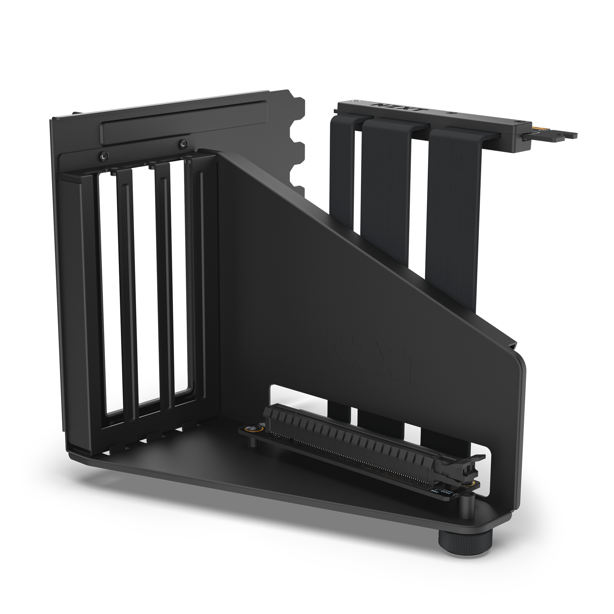 The NZXT Vertical GPU Mounting Kit is a black, angular bracket with a PCIe 4.0 riser cable for easy vertical GPU installation in NZXT H5, H6, H7, and H9 Series cases.