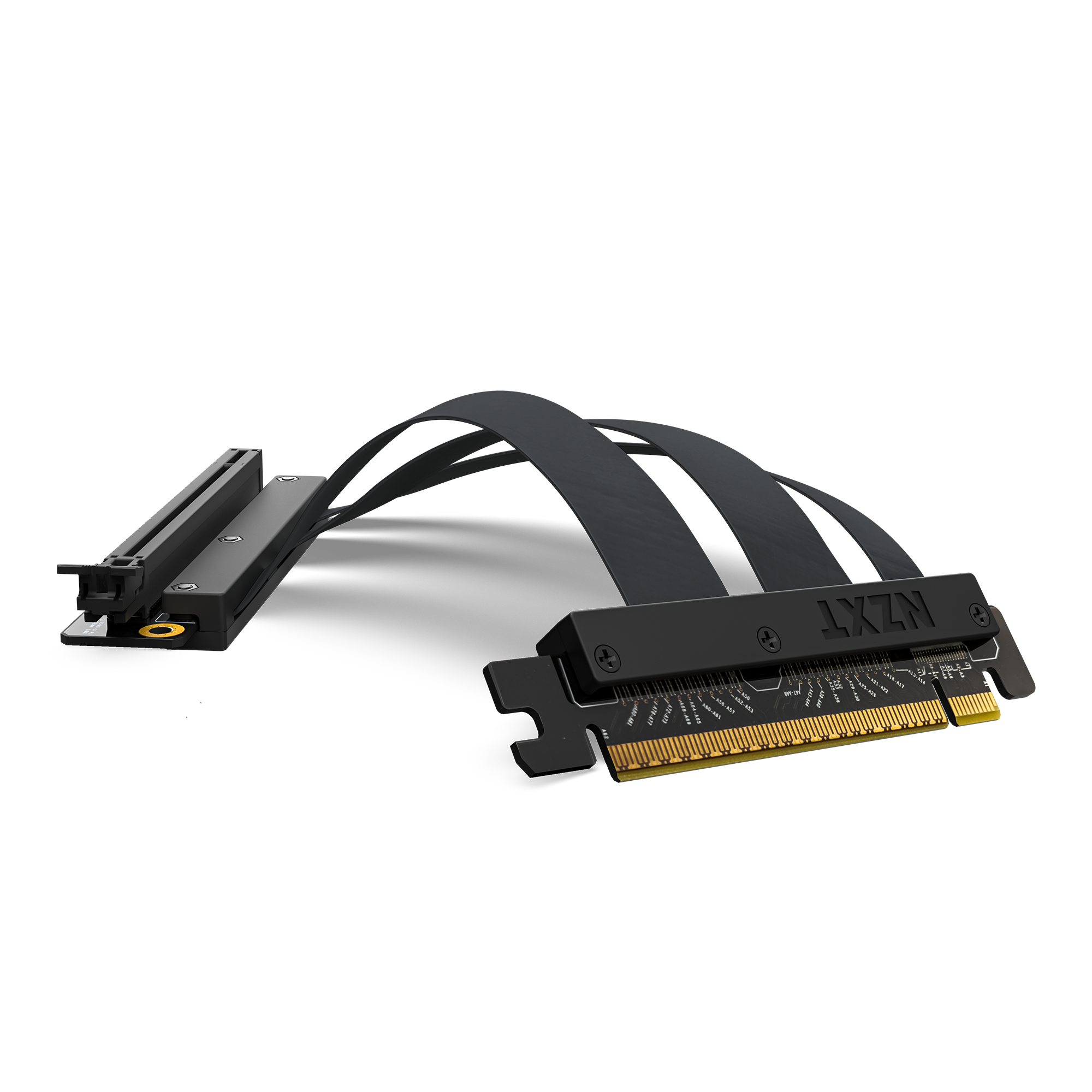 The NZXT PCIe Riser Cable is a black cable with gold connectors and a mounting bracket, designed for flexible GPU placement and high-speed PCIe 4.0 data transfer when connecting a graphics card inside your PC case.
