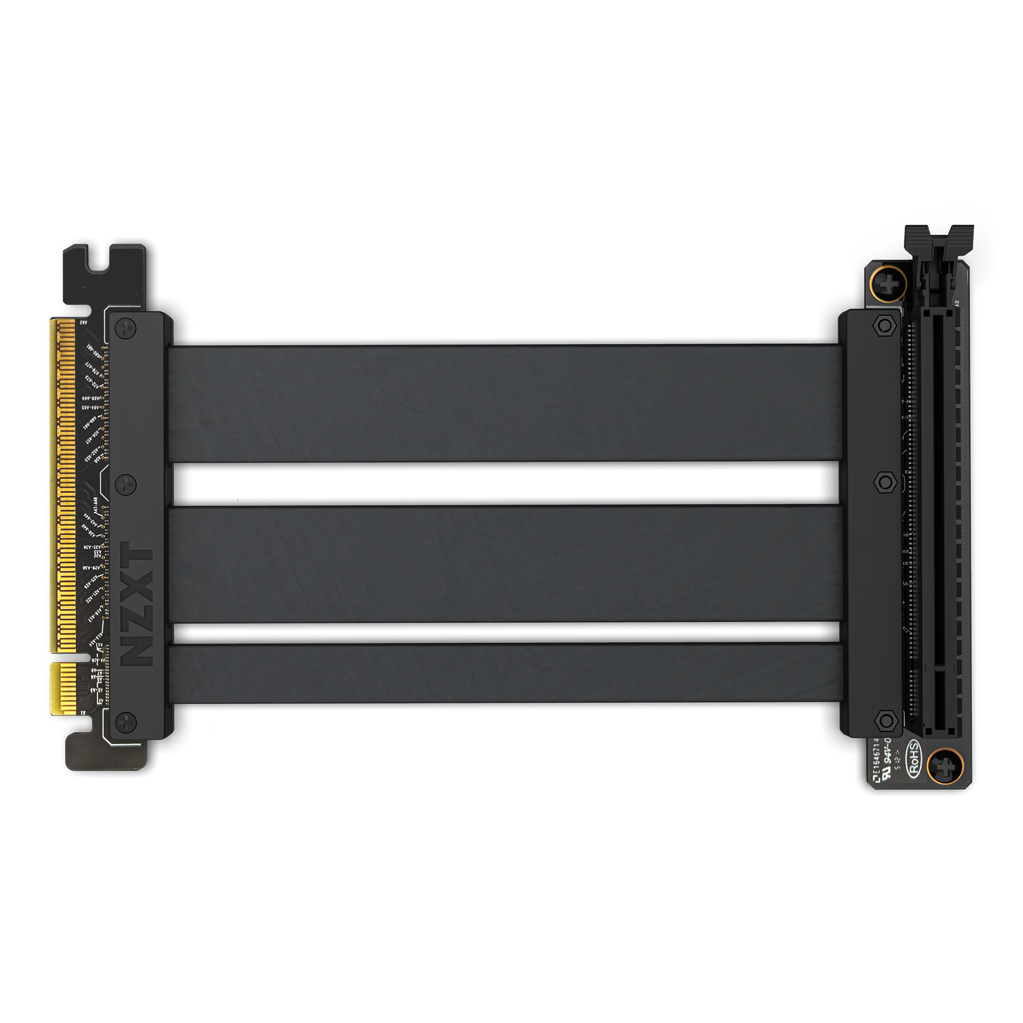 The NZXT PCIe Riser Cable in black features gold connector pins and supports high-speed PCIe 4.0 data transfer, allowing flexible GPU placement. Shown from a top-down view on a plain background.