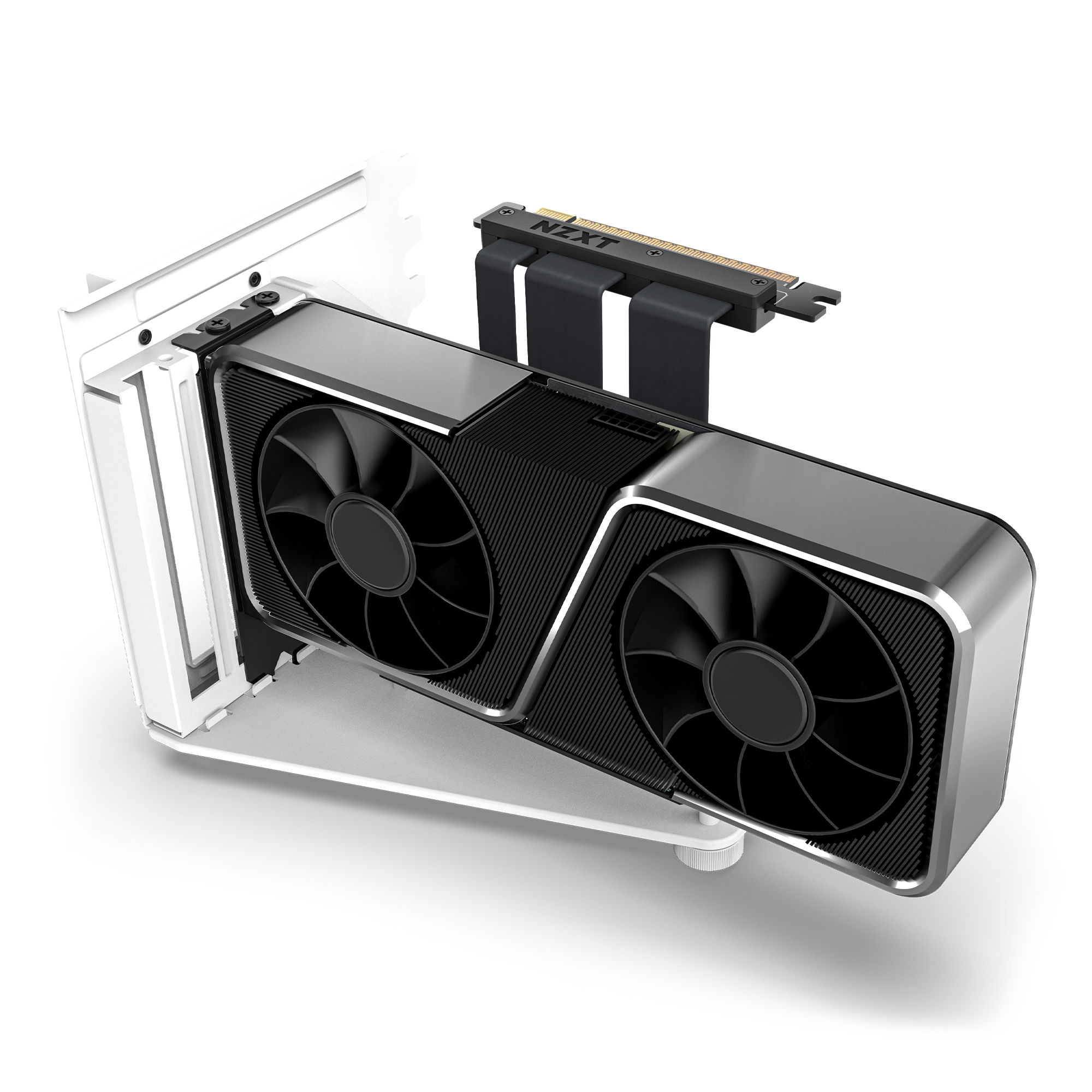 A close-up of the NZXT Vertical GPU Mounting Kit with dual-fan graphics card, vertically mounted in a white bracket using a PCIe 4.0 riser cable—compatible with NZXT H5, H6, H7, and H9 Series cases.
