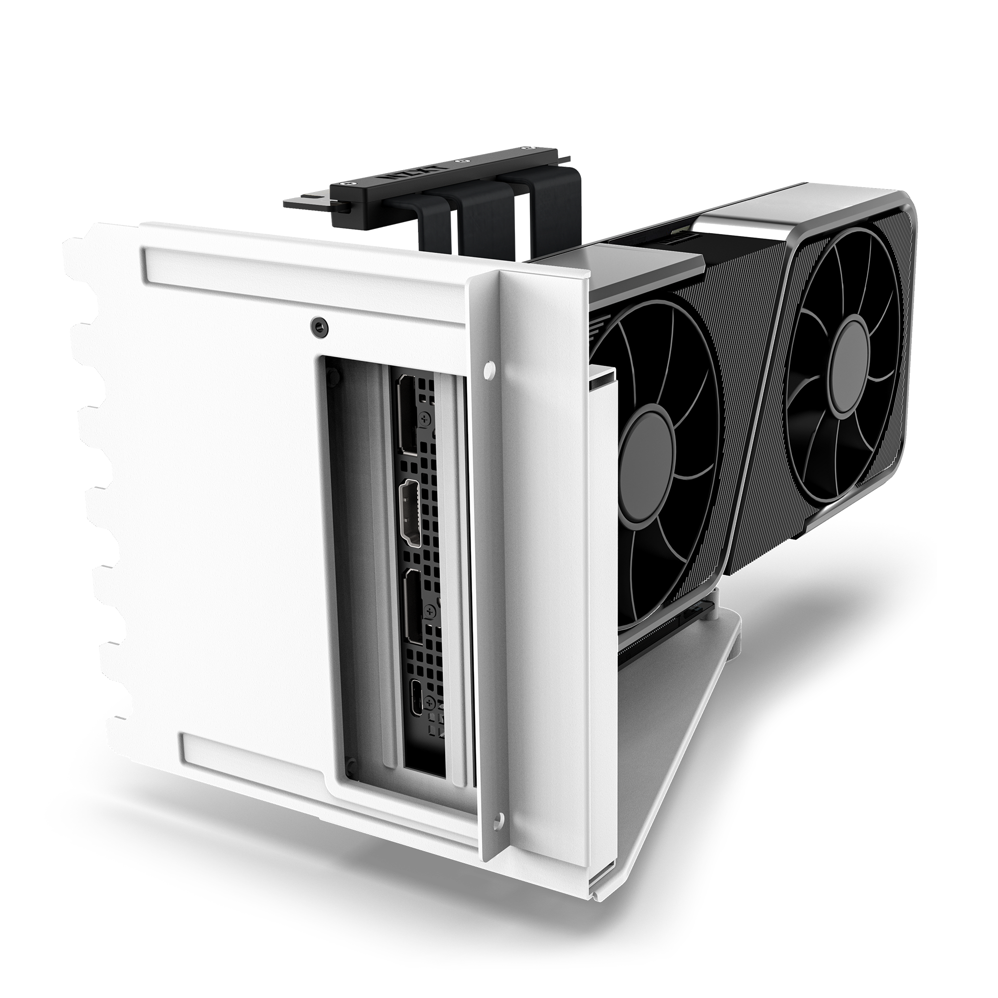 The NZXT Vertical GPU Mounting Kit features a black and silver graphics card vertically mounted in a white bracket with a PCIe 4.0 riser cable, dual cooling fans, HDMI/DisplayPort ports, and is compatible with NZXT H5, H6, H7, and H9 Series cases.