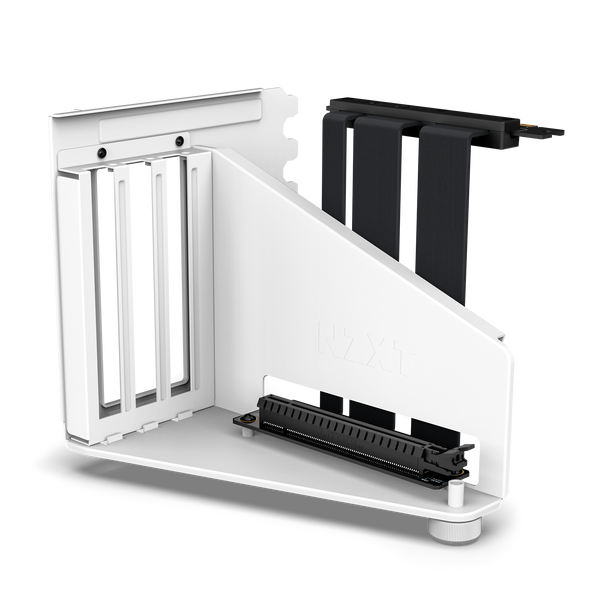 The NZXT Vertical GPU Mounting Kit is a white bracket with PCIe slots and a PCIe 4.0 riser cable, designed to vertically mount GPUs in NZXT H5, H6, H7, and H9 Series cases.