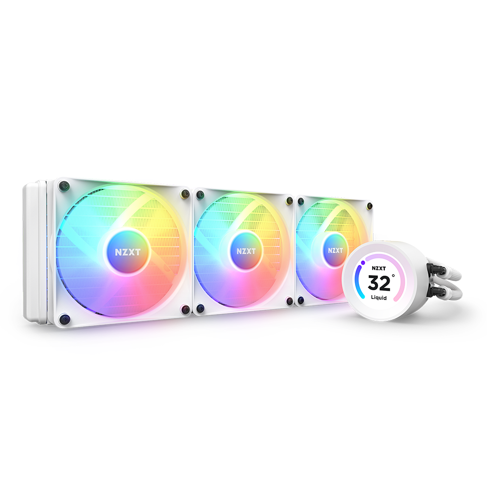 The NZXT Kraken 360 Elite RGB (2023) is a white liquid CPU cooler with three RGB-lit fans and a round display showing NZXT 32° Liquid. Both the fans and display feature vibrant, colorful lighting effects.