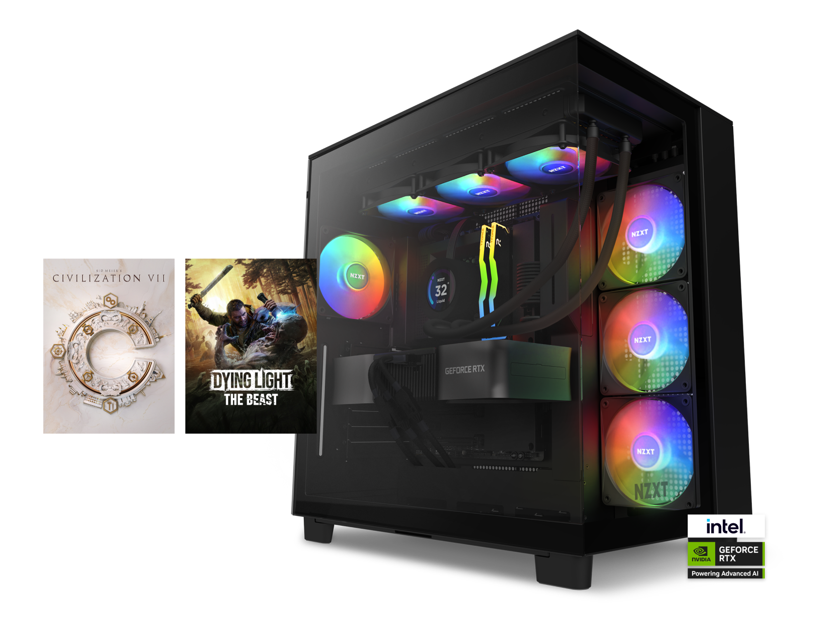 A gaming PC with RGB lighting, shown next to images of the games Civilization VII and Dying Light: The Beast. Intel and NVIDIA GeForce RTX badges are displayed at the bottom right.