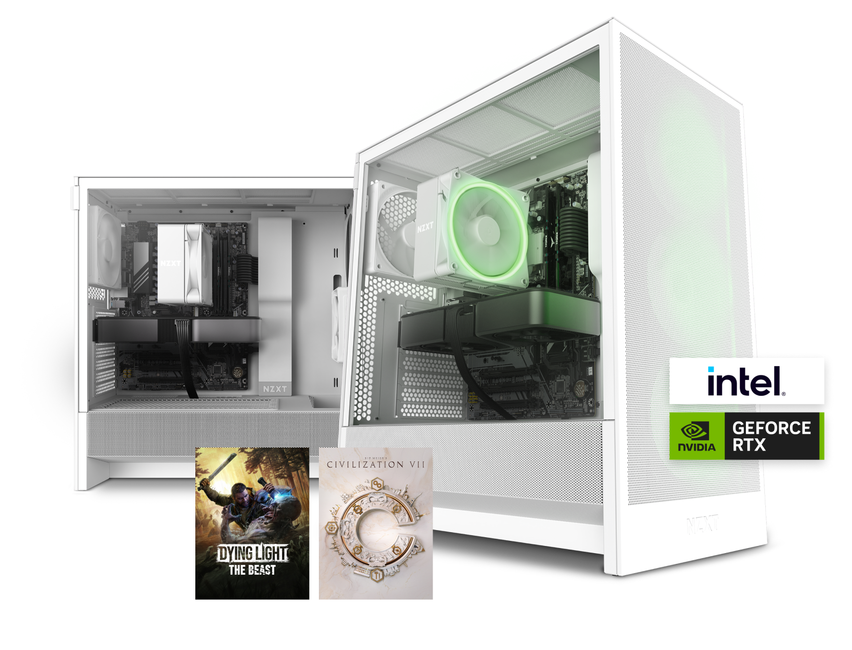 A white gaming PC with interior components visible, glowing green cooling fan, and logos for Intel and NVIDIA GeForce RTX. Covers for Dying Light: The Beast and Civilization VII are shown in front.