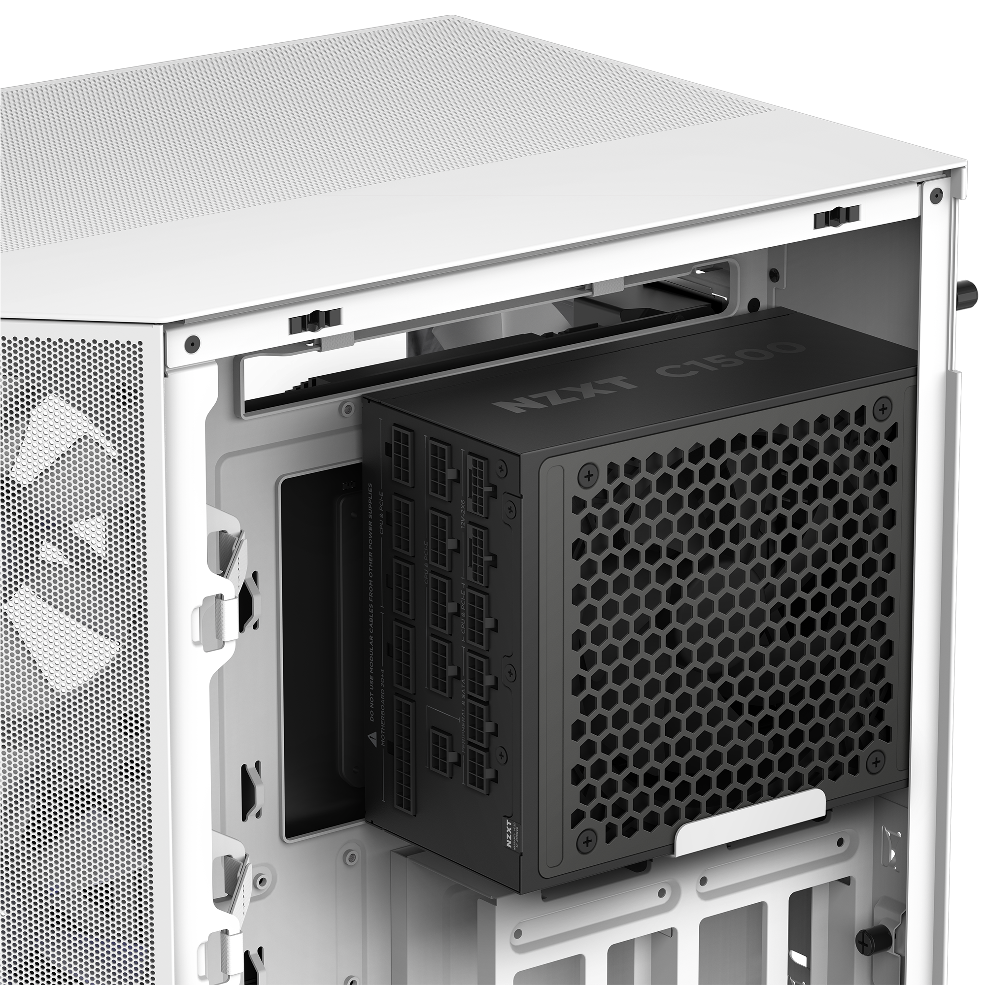 A close-up of a white computer case with an NZXT C1500 Platinum ATX 3.1 PSU partially installed at the rear, showing modular cable ports, mesh ventilation, and support for PCIe 5.1 hardware compatibility.