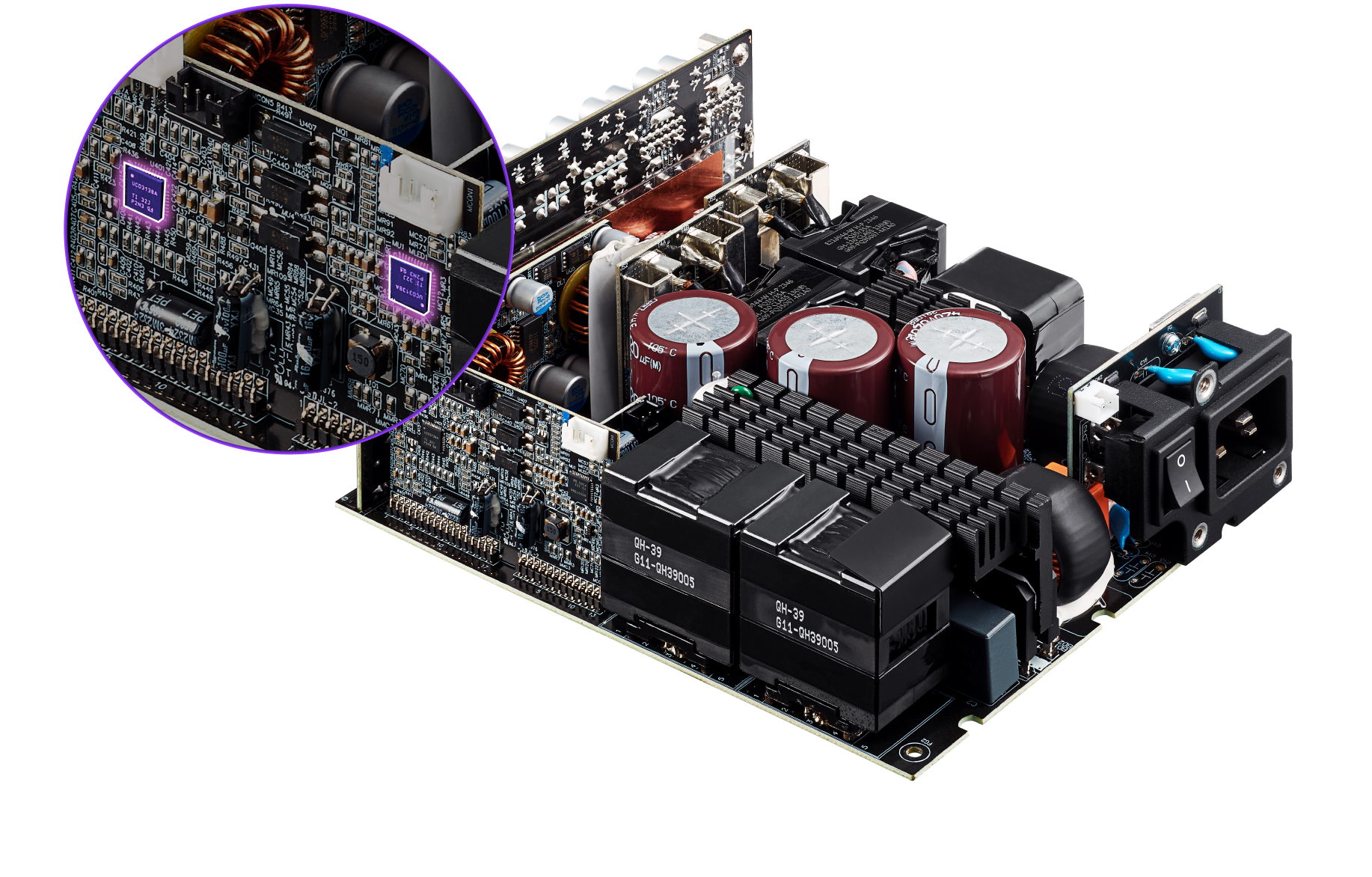 A close-up view of an electronic circuit board with capacitors, relays, and connectors, featuring a magnified section highlighting specific microchips and detailed circuitry.