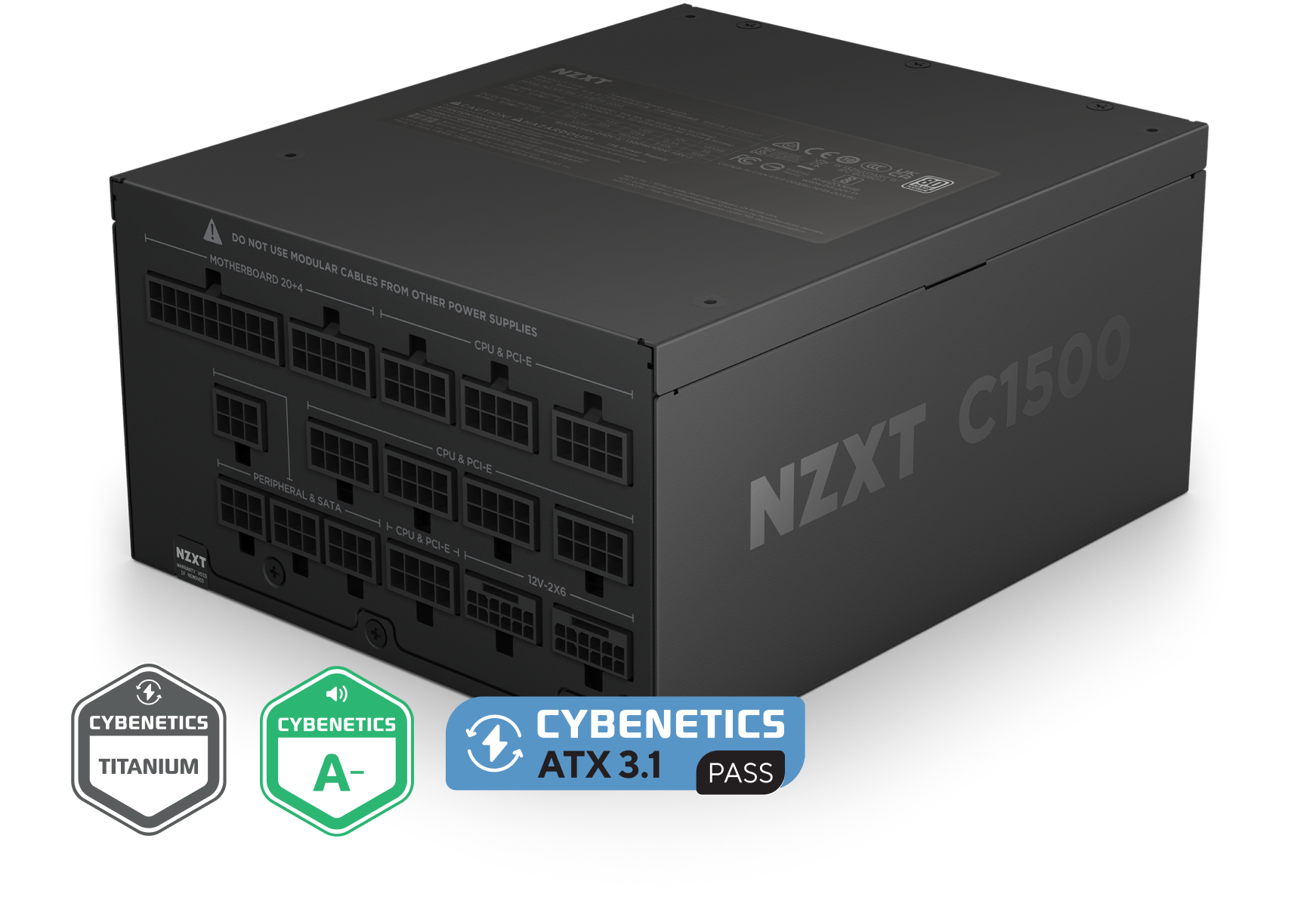 A black NZXT C1500 power supply unit with multiple ports is shown. Badges indicate CYBENETICS Titanium, CYBENETICS A-, and CYBENETICS ATX 3.1 Pass certifications.