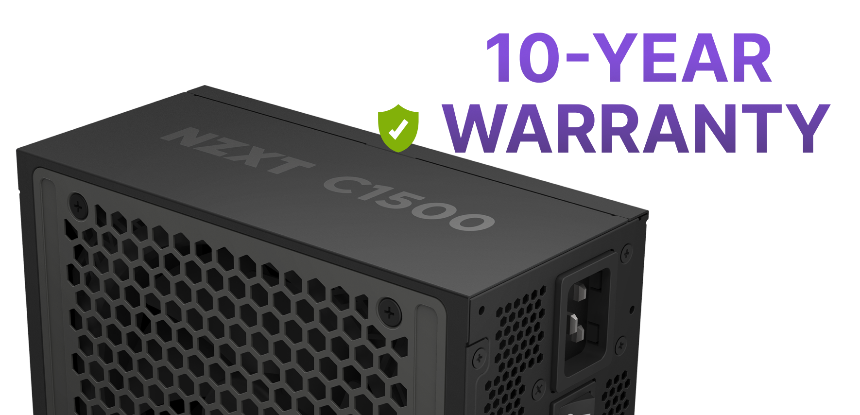 A close-up of an NZXT C1500 power supply with honeycomb ventilation. Text in purple reads 10-YEAR WARRANTY with a green shield and checkmark icon next to it.