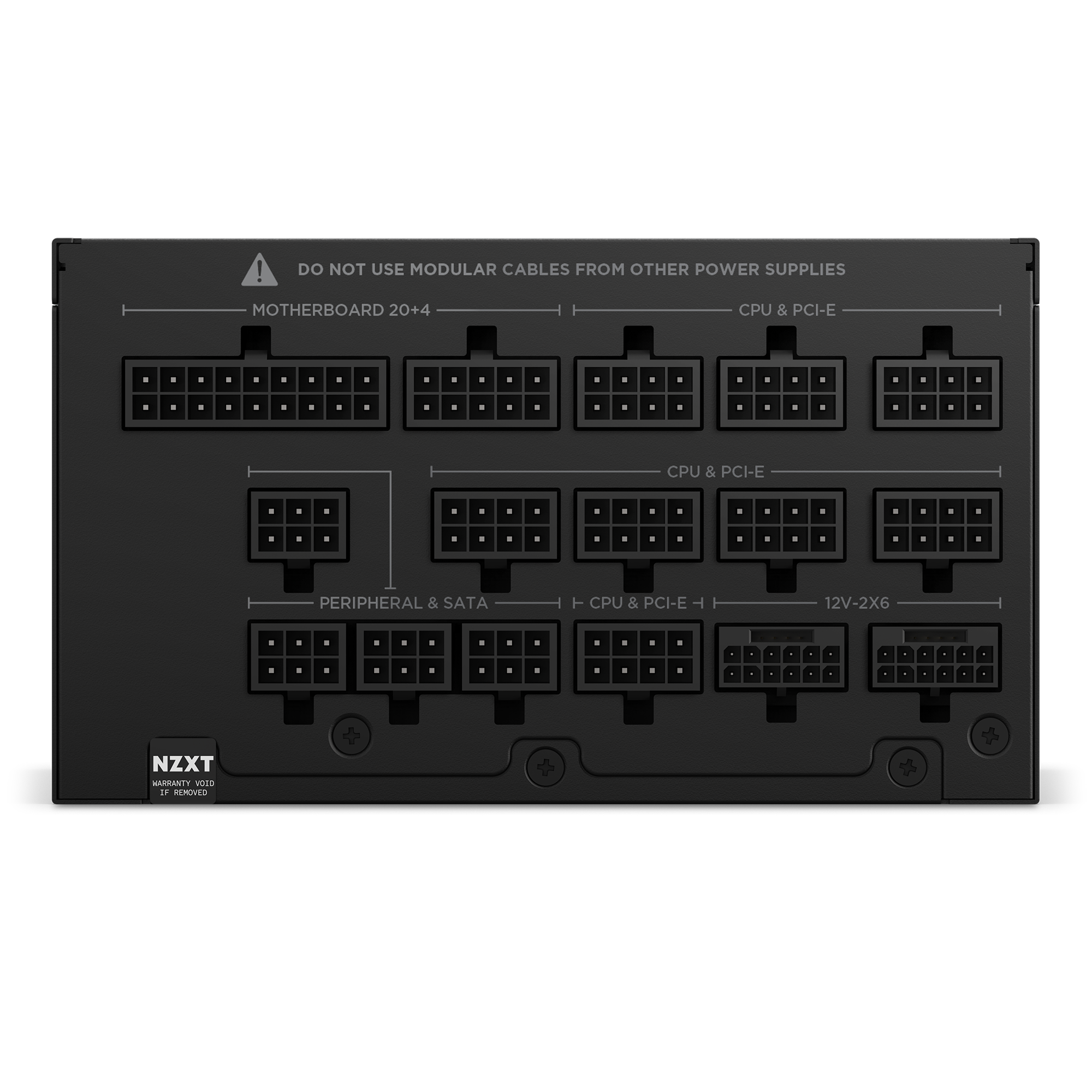 Rear view of the NZXT C1500 Platinum ATX 3.1 PSU displays labeled modular slots for motherboard, CPU, PCI-E 5.1, peripheral, SATA, and 12V. A warning label advises against using cables from other power supplies.
