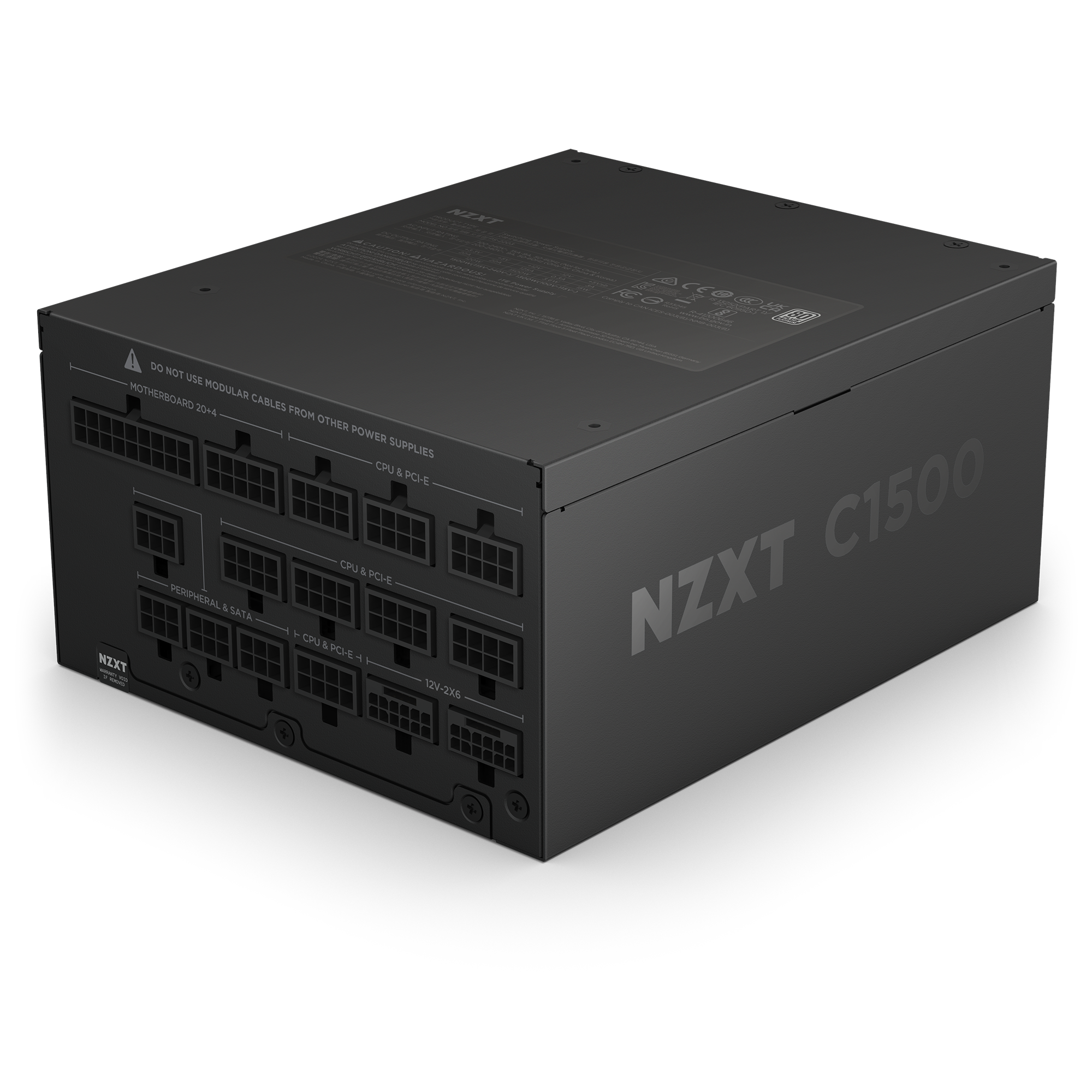A black NZXT C1500 Platinum ATX 3.1 modular power supply with multiple labeled input ports is shown on a white background, featuring product branding and technical details printed on its surfaces.