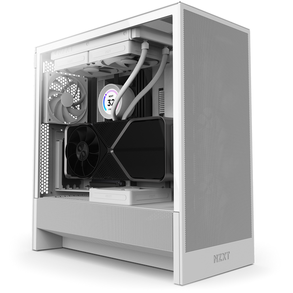 The NZXT H5 Flow is a white mid-tower PC case with a mesh front panel for excellent airflow, perfect for displaying components like large GPUs, cooling solutions, liquid cooling tubes, multiple fans, and a circular CPU cooler display.