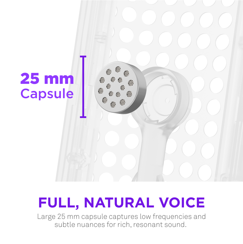 A close-up of the NZXT Capsule Elite microphone with a 25 mm capsule. Purple text labels it against a backdrop with black circles. Caption below: FULL, NATURAL VOICE for rich, resonant sound.
