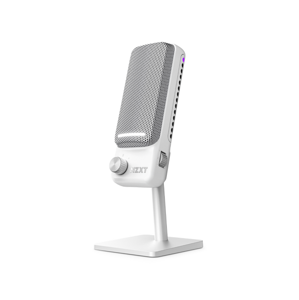 The NZXT Capsule Elite is a white desktop microphone featuring a mesh grille, control knob, side buttons, and a square base with a slim stand for customizable sound.