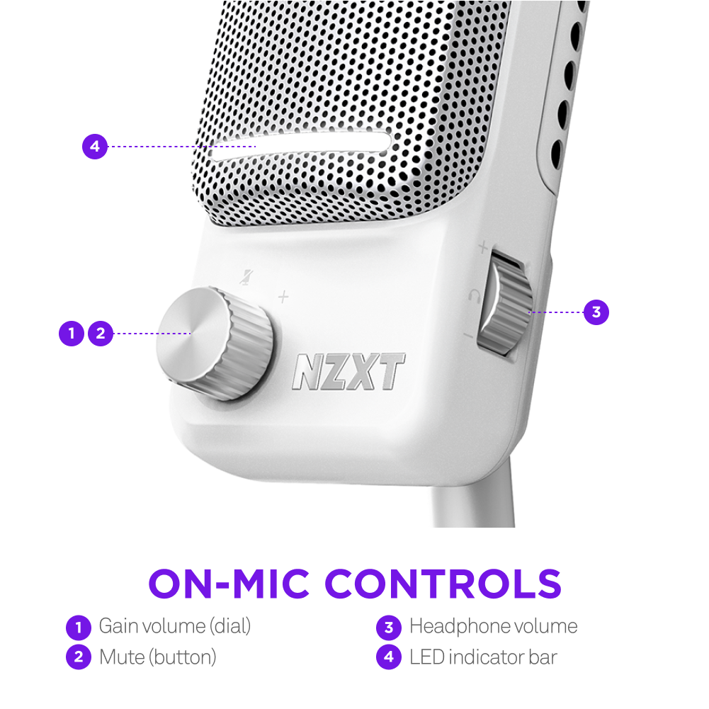 Close-up of the NZXT Capsule Elite ultra-high resolution microphone, showing labeled controls: gain volume dial, mute button, headphone volume wheel, and LED indicator bar. Below, text explains each numbered control for customizable sound.