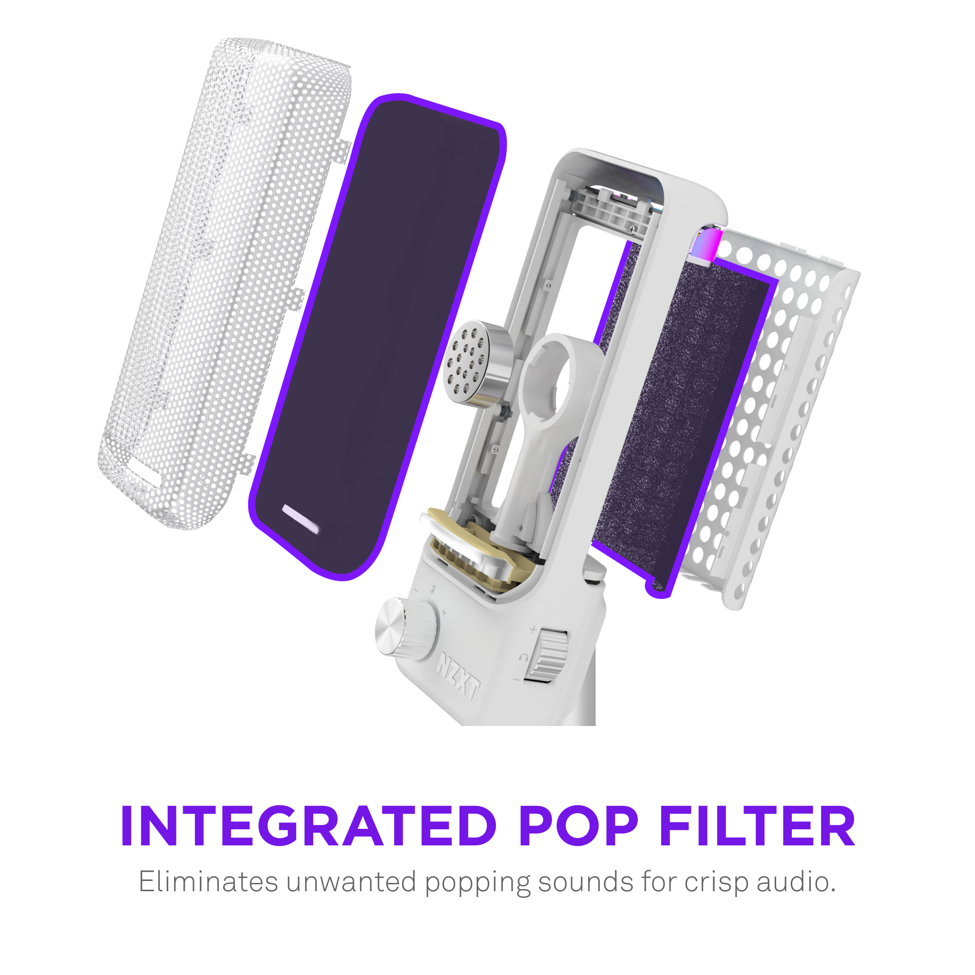 Exploded view of the NZXT Capsule Elite microphone showing its integrated pop filter layers. Integrated Pop Filter – Eliminates unwanted popping sounds for crisp audio.