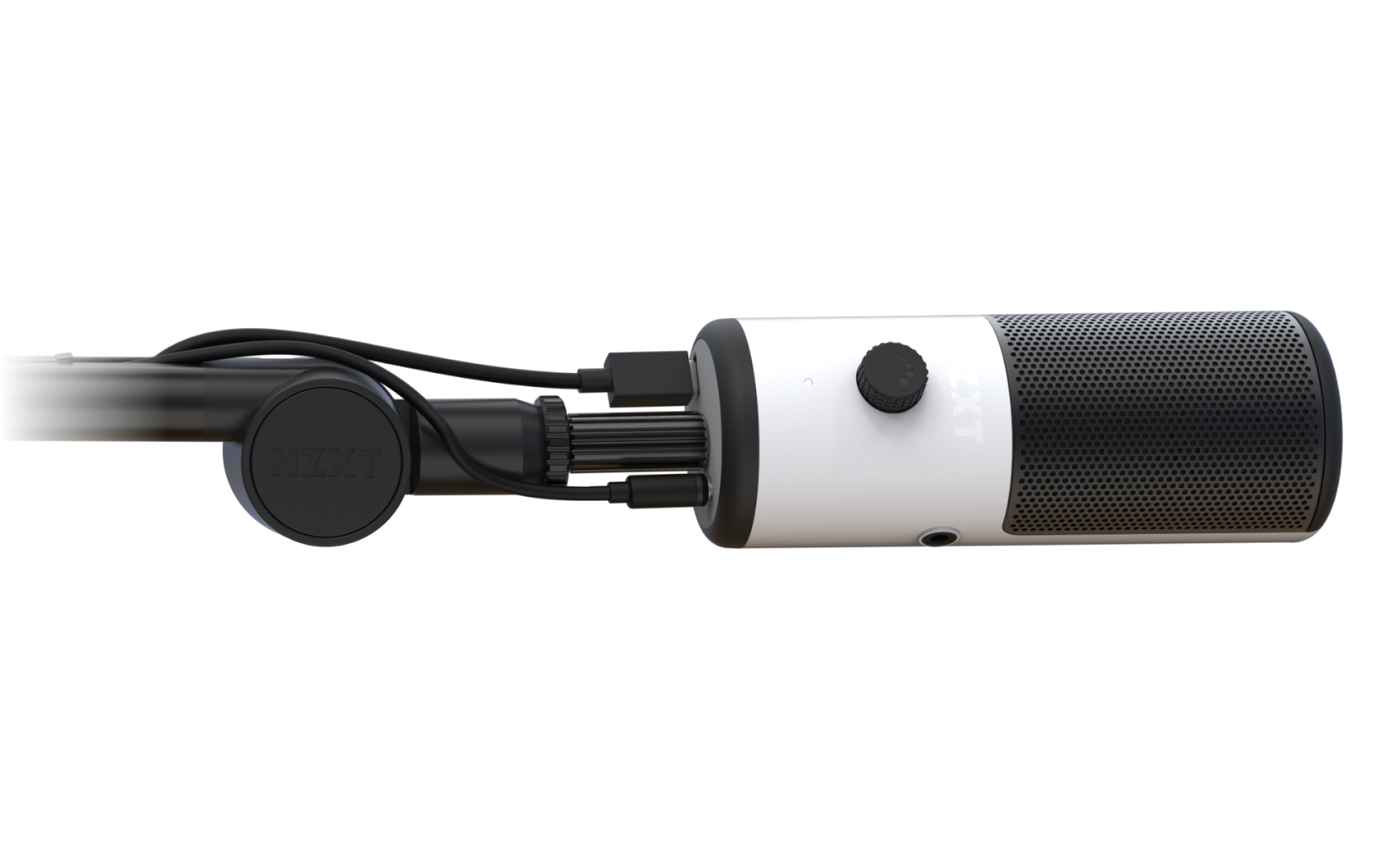 A black and white studio microphone with a volume knob, mounted on a boom arm with attached cables, viewed from the side against a plain background.