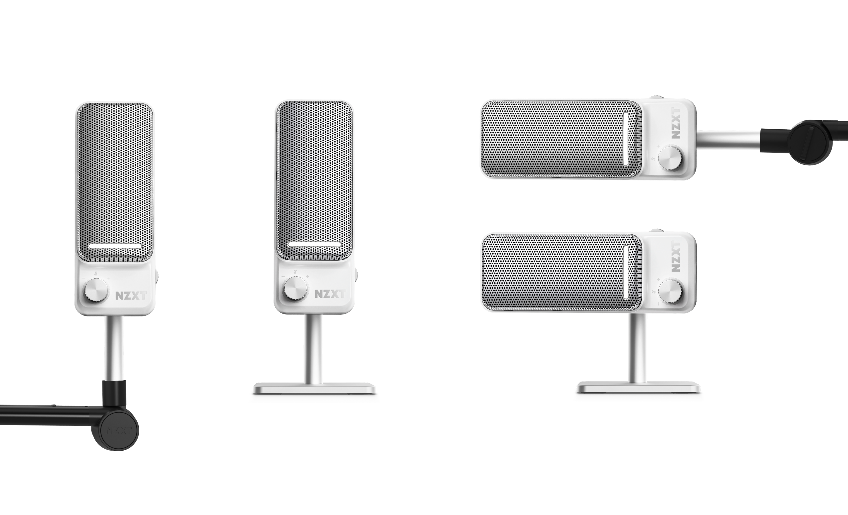 Four white NZXT desktop microphones are shown, each mounted on stands or boom arms, displayed in both vertical and horizontal orientations against a plain background.