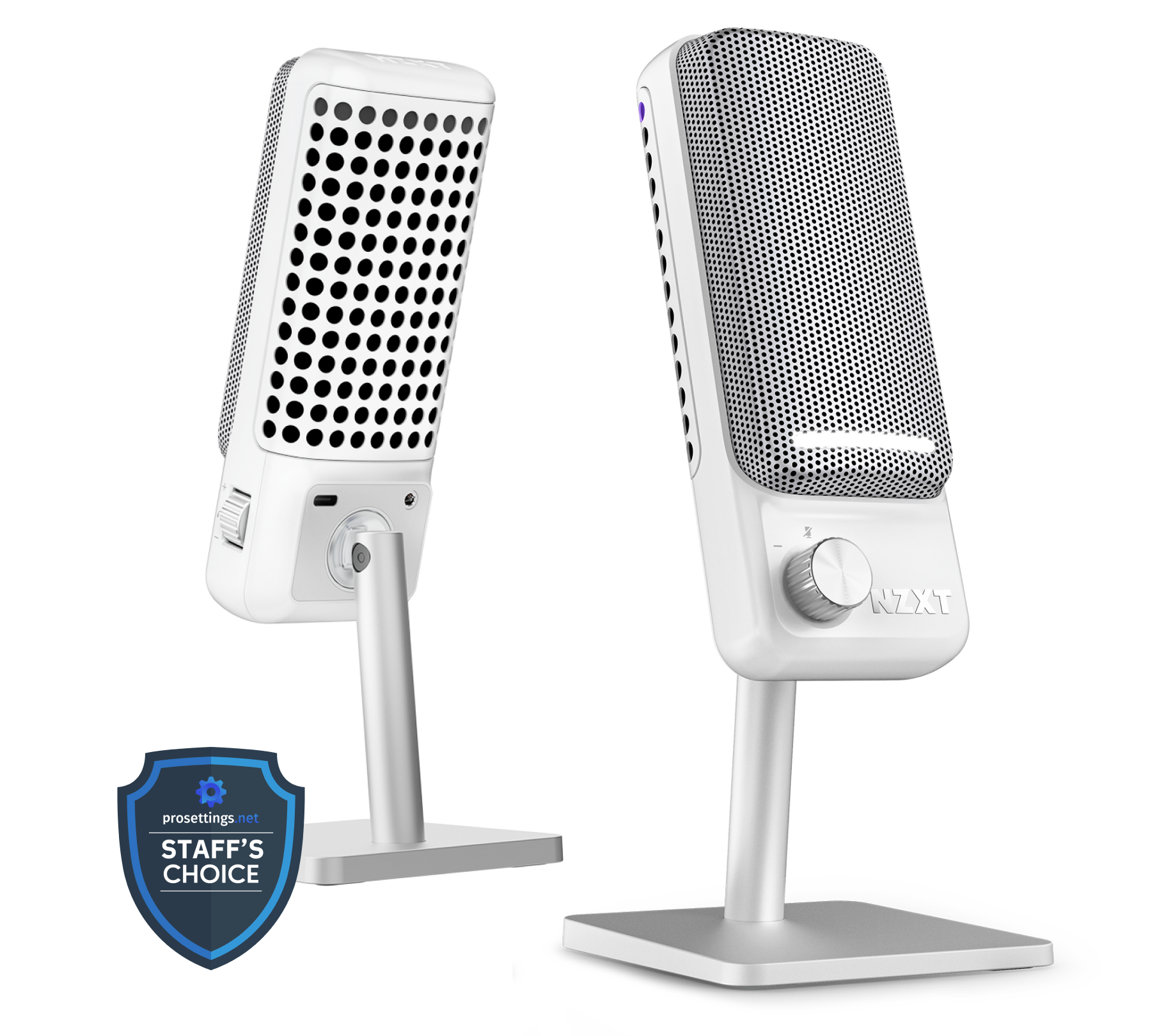 Two modern, rectangular white microphones with perforated front grilles on silver stands are shown. A blue badge labeled Staffs Choice is displayed in the lower left corner.