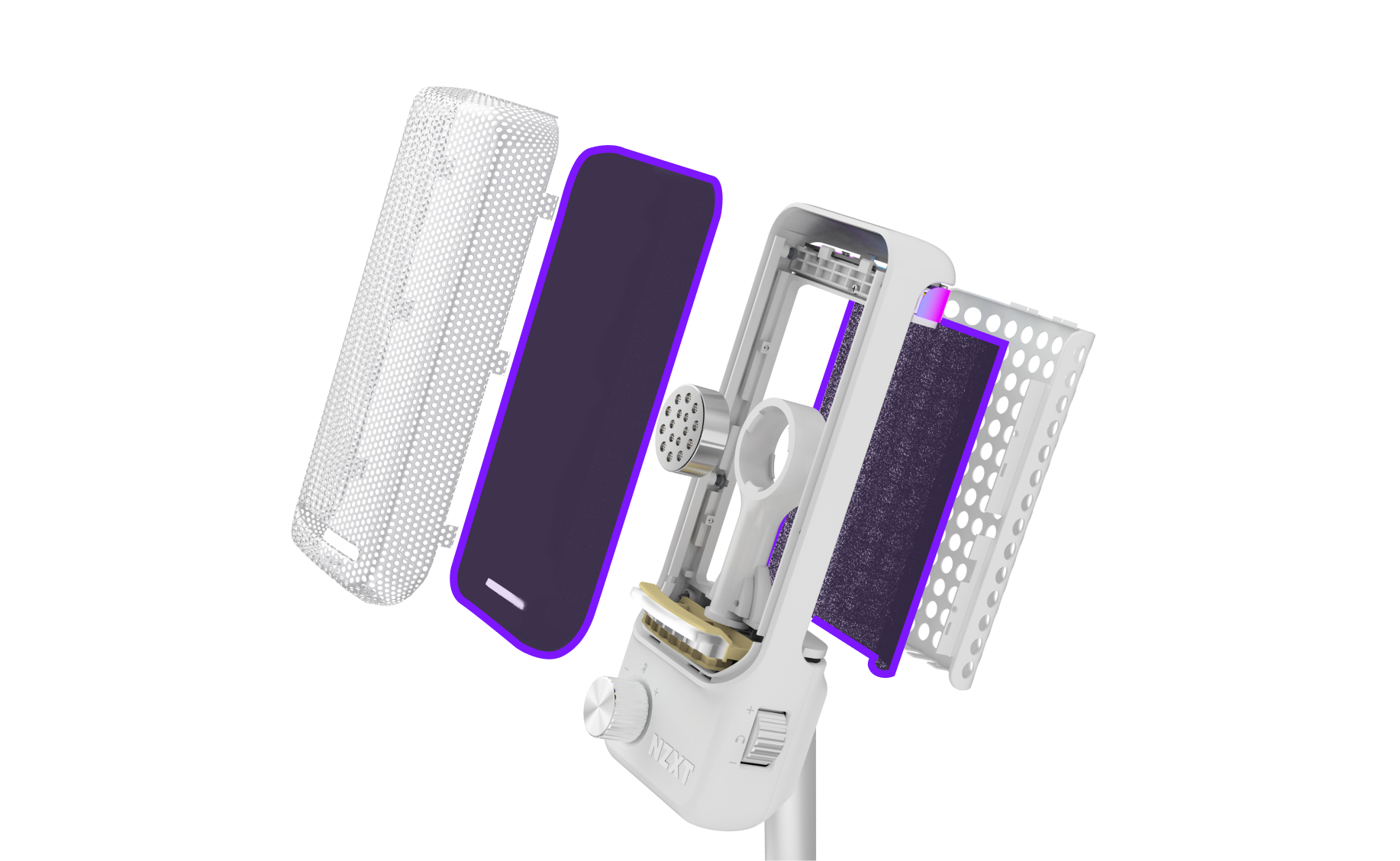 Exploded view of a microphone showing its individual internal components, including mesh covers, filters, housing, and circuitry, all separated and aligned to display the construction.