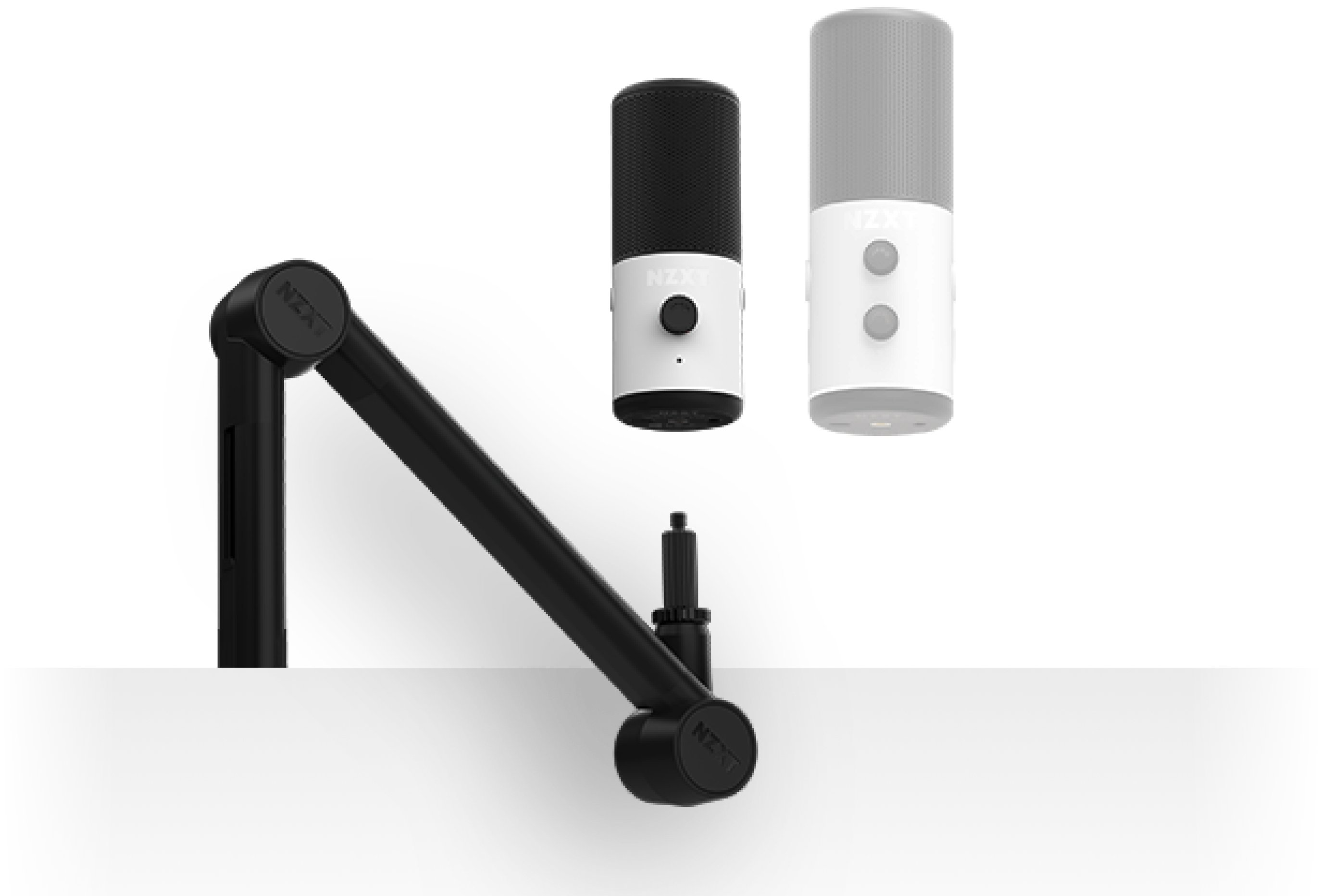 Two black and white NZXT microphones are shown above a black adjustable microphone arm, all positioned against a plain background.