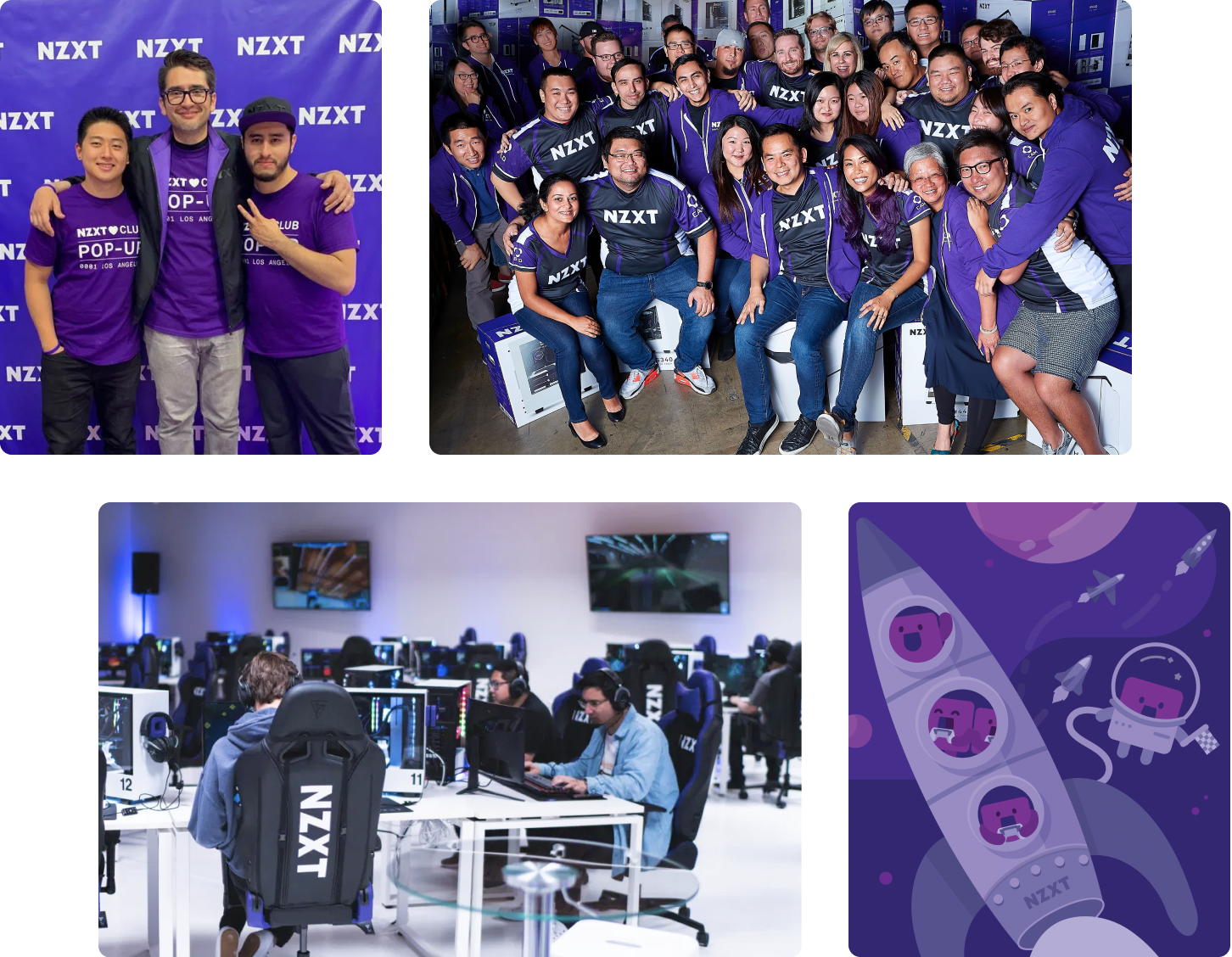 A collage of photos: three groups of people wearing purple NZXT shirts posing together, two people playing games at computers, and a purple cartoon illustration of astronauts in rockets.