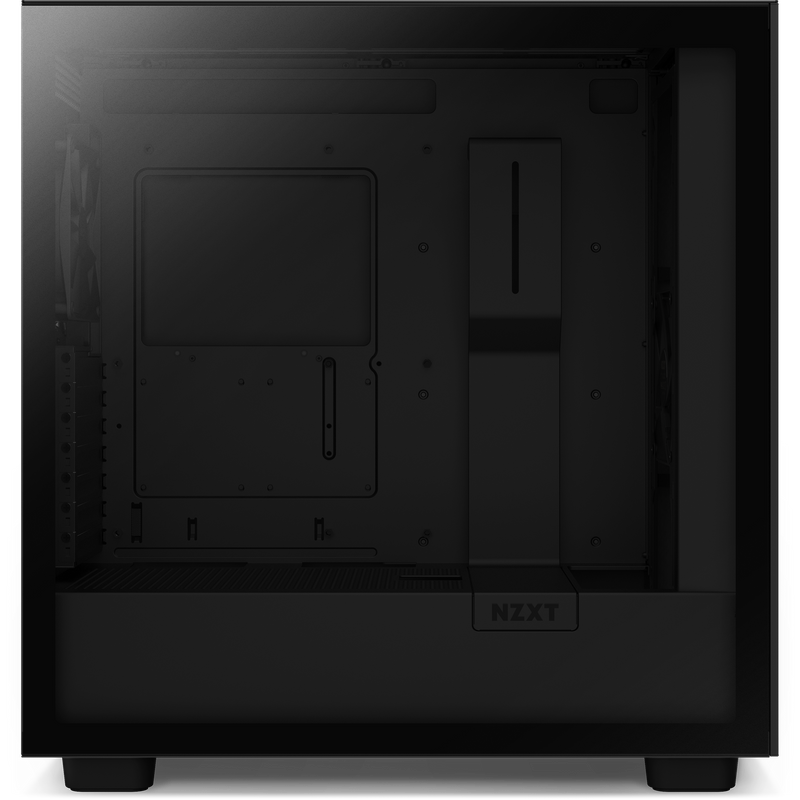 The NZXT Refurbished Custom Build - #8414 features a black case with a transparent side panel, empty interior, and slots for components—ideal for building PCs. Includes a 2-year warranty for peace of mind.