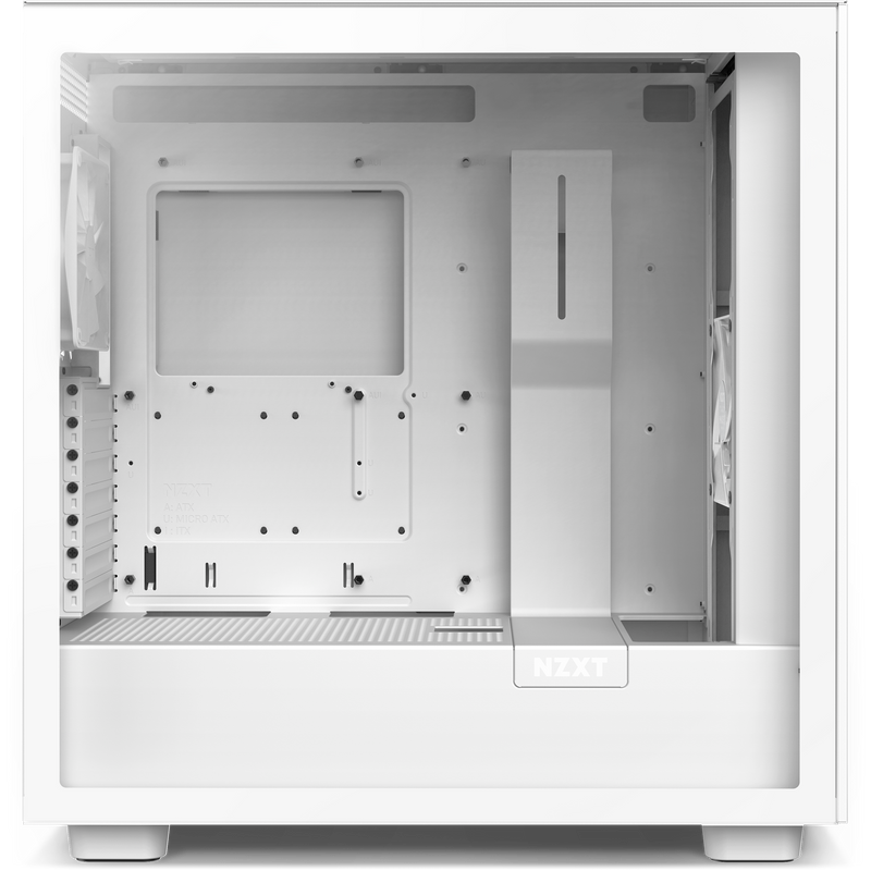 The NZXT H7 Flow (2022) is a white mid-tower case with a transparent side panel, optimized mounting for the motherboard, fans, and PSU, an efficient cable management system, and an empty interior ready for your components.