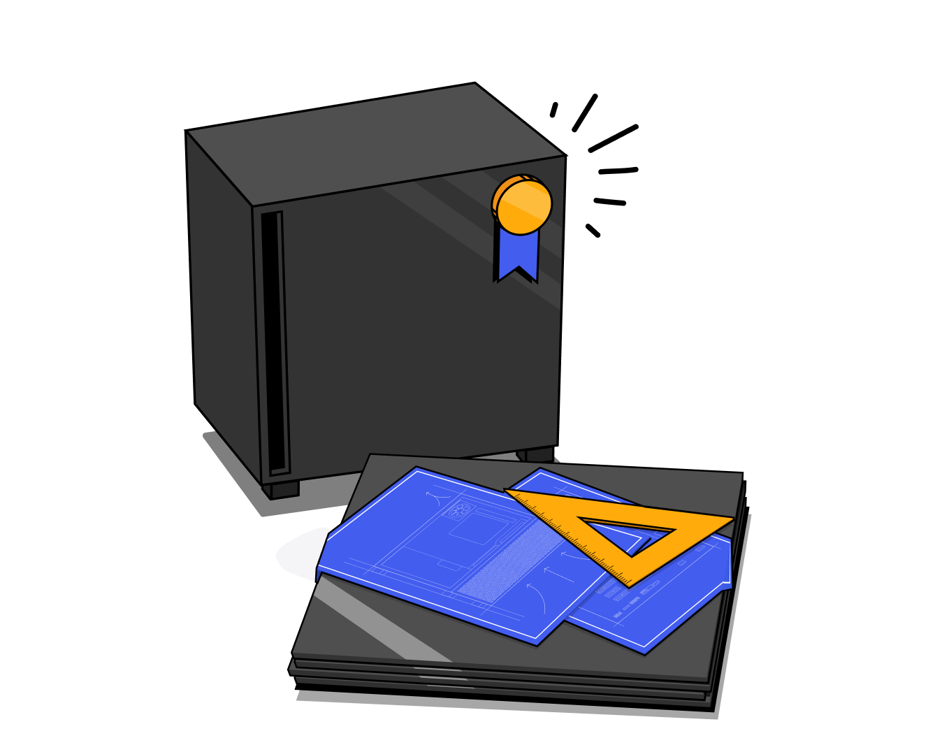 A black safe with a blue and yellow ribbon sits behind a stack of blueprints, papers, and a yellow triangular ruler lying on top.