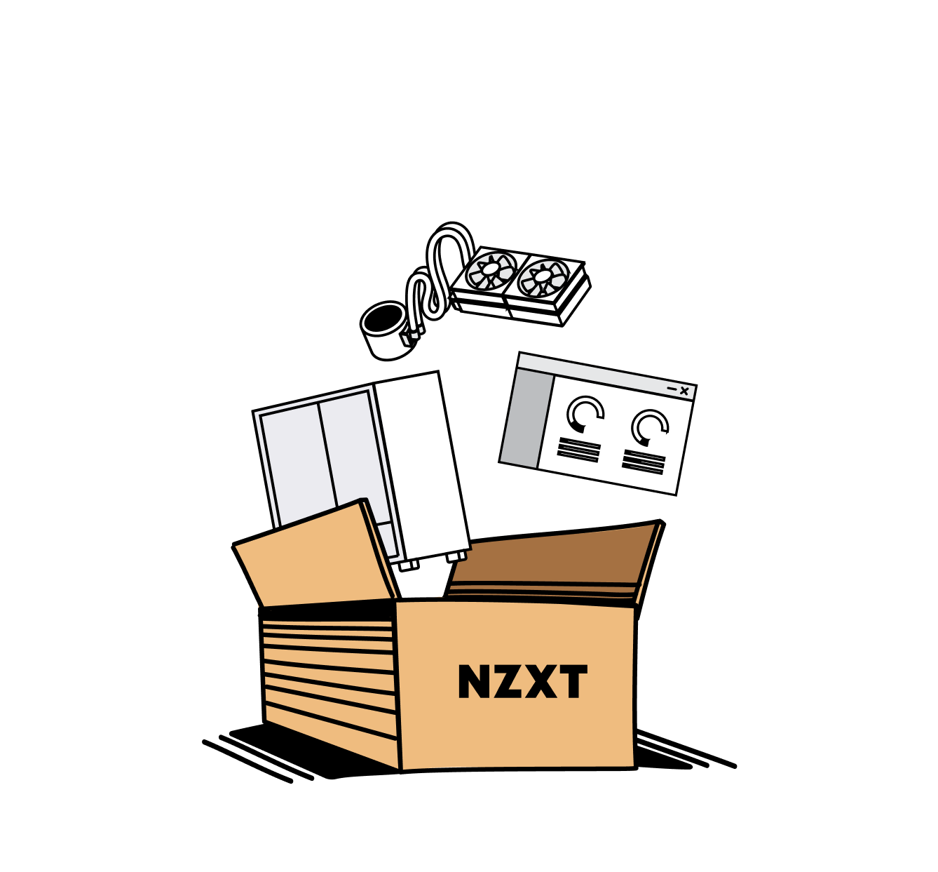 A cardboard box labeled “NZXT” with computer parts, including a PC case, monitor, cooling fan, and mouse, popping out of it.