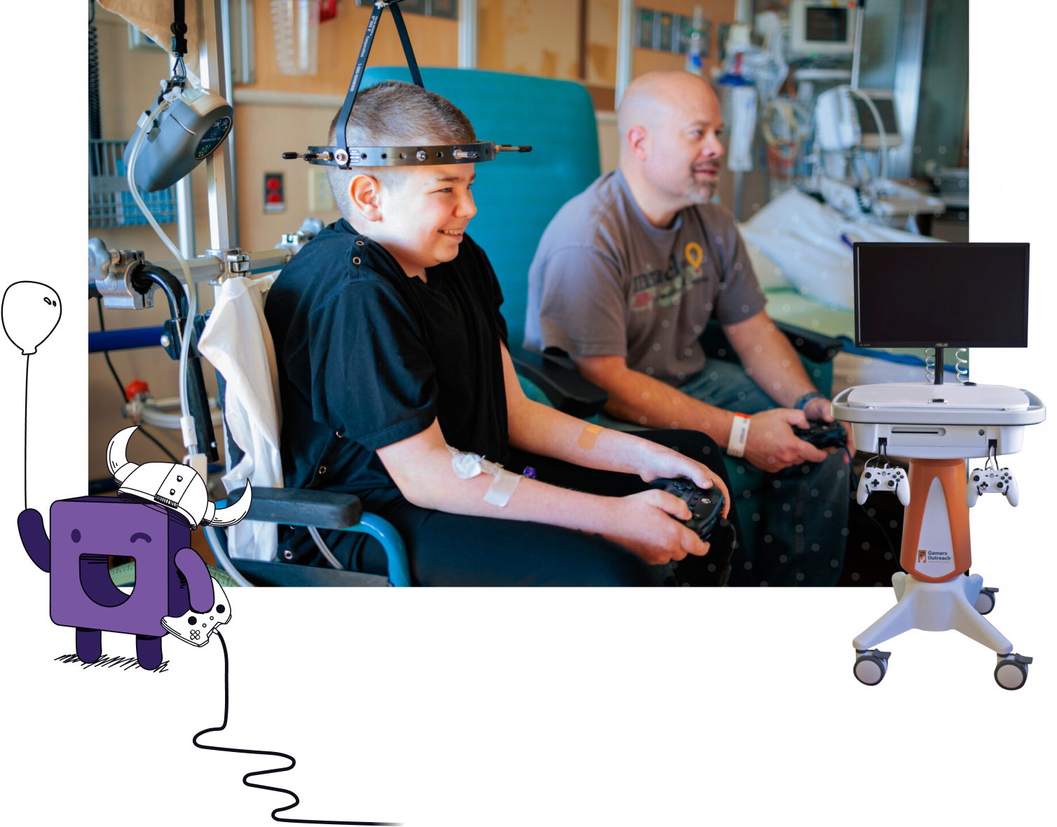 A young patient in a hospital wheelchair, wearing a head brace, smiles while playing video games with an adult beside him. A gaming console and illustrated character appear in the scene.