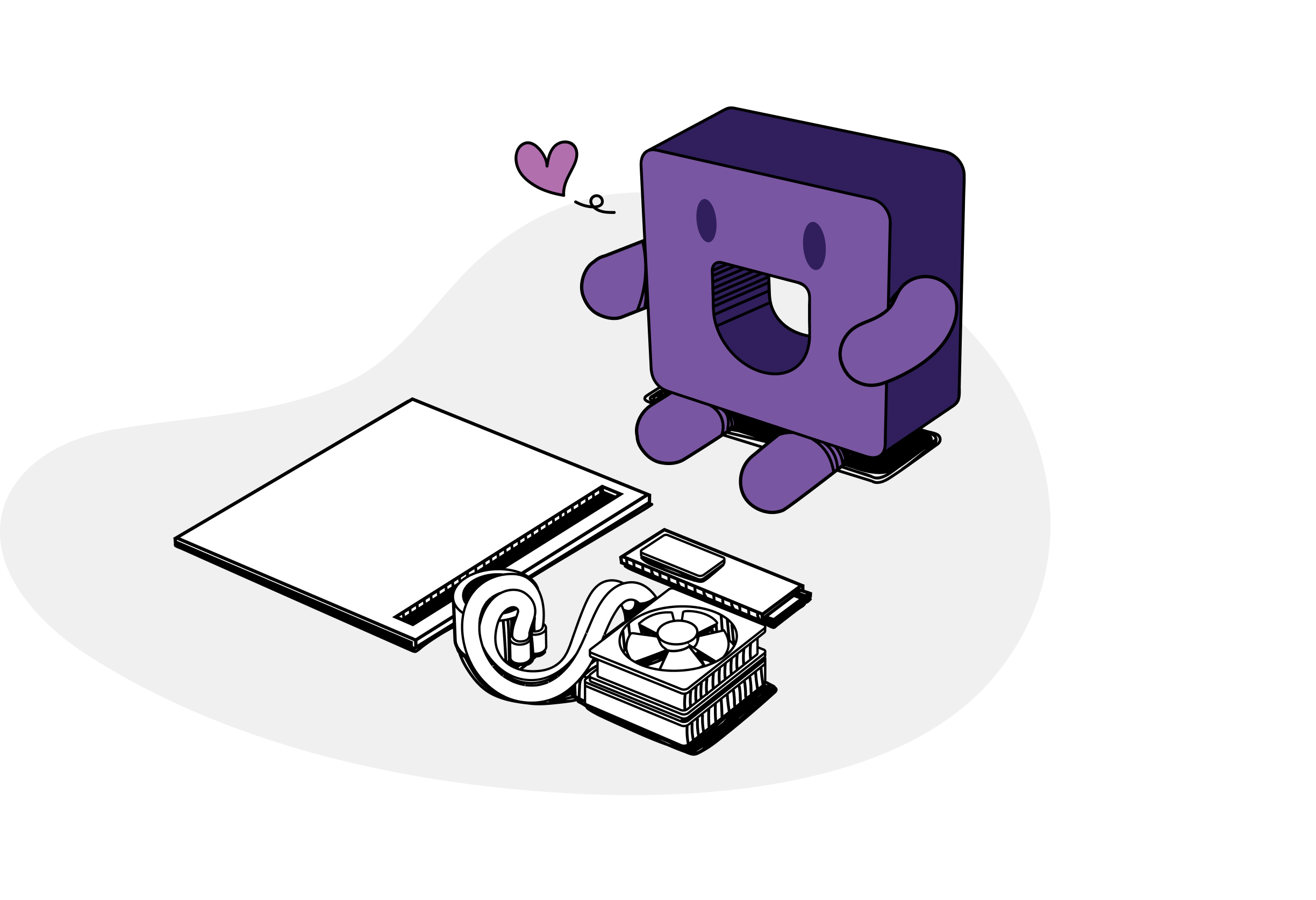 A cute, purple, box-shaped character sits on the floor next to a notepad, smartphone, headphone, and a computer fan. A small purple heart floats above its head.