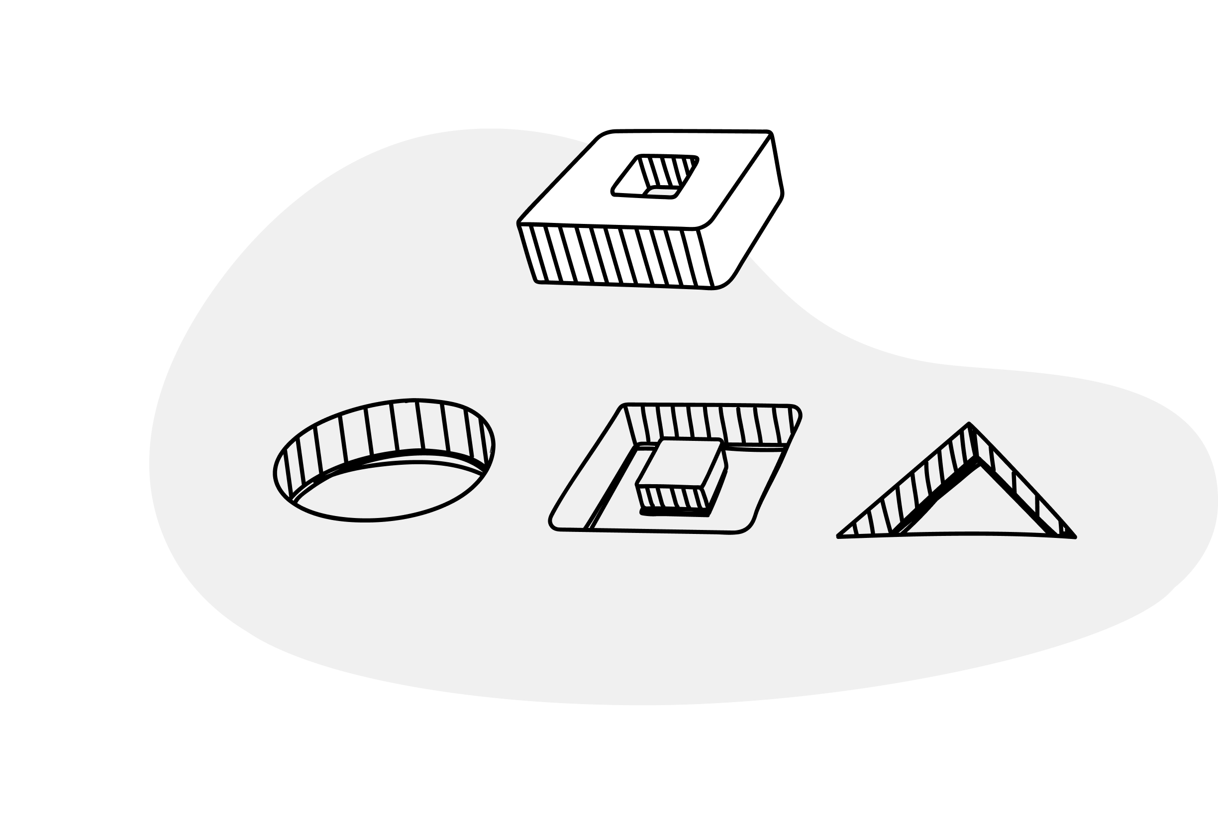 A black and white illustration of four geometric shapes: a hollow circle, a square with a smaller square inside, a three-dimensional square with a cutout, and a hollow triangle, all on an irregular gray background.
