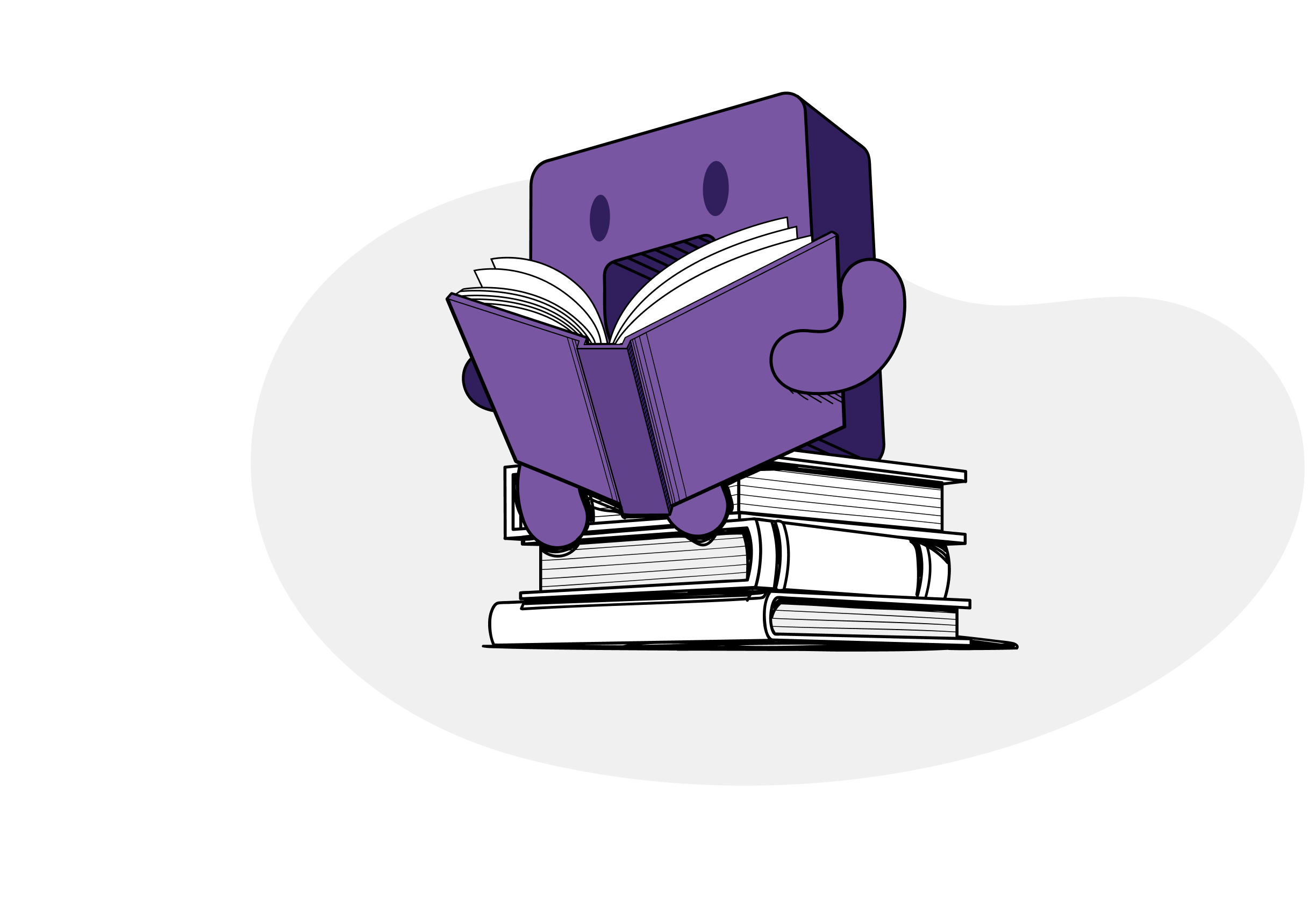 A purple, box-shaped character sits on a stack of books, reading an open book, with a light gray abstract background behind it.