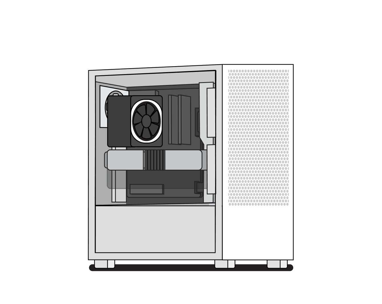 A grayscale illustration of a desktop computer tower with a transparent side panel, showing internal components like a graphics card, cooling fan, motherboard, and power supply.