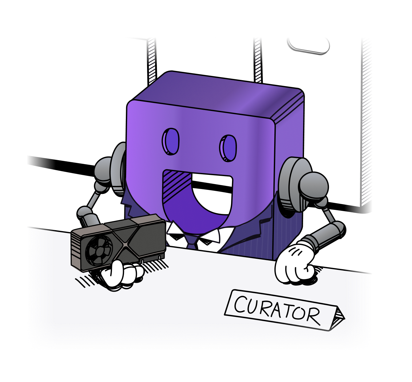 A purple, box-shaped robot with a wide smile sits at a desk labeled Curator, holding a graphics card in one hand, against a simple office background.