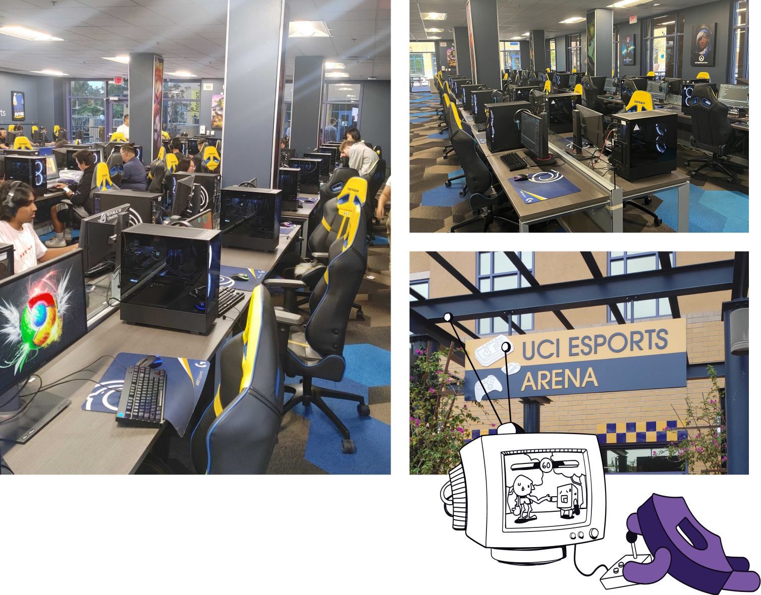 Collage showing rows of gaming PCs and chairs in a bright esports arena, a close-up of the UCI Esports Arena entrance sign, and cartoon graphics of a computer and telephone overlay.