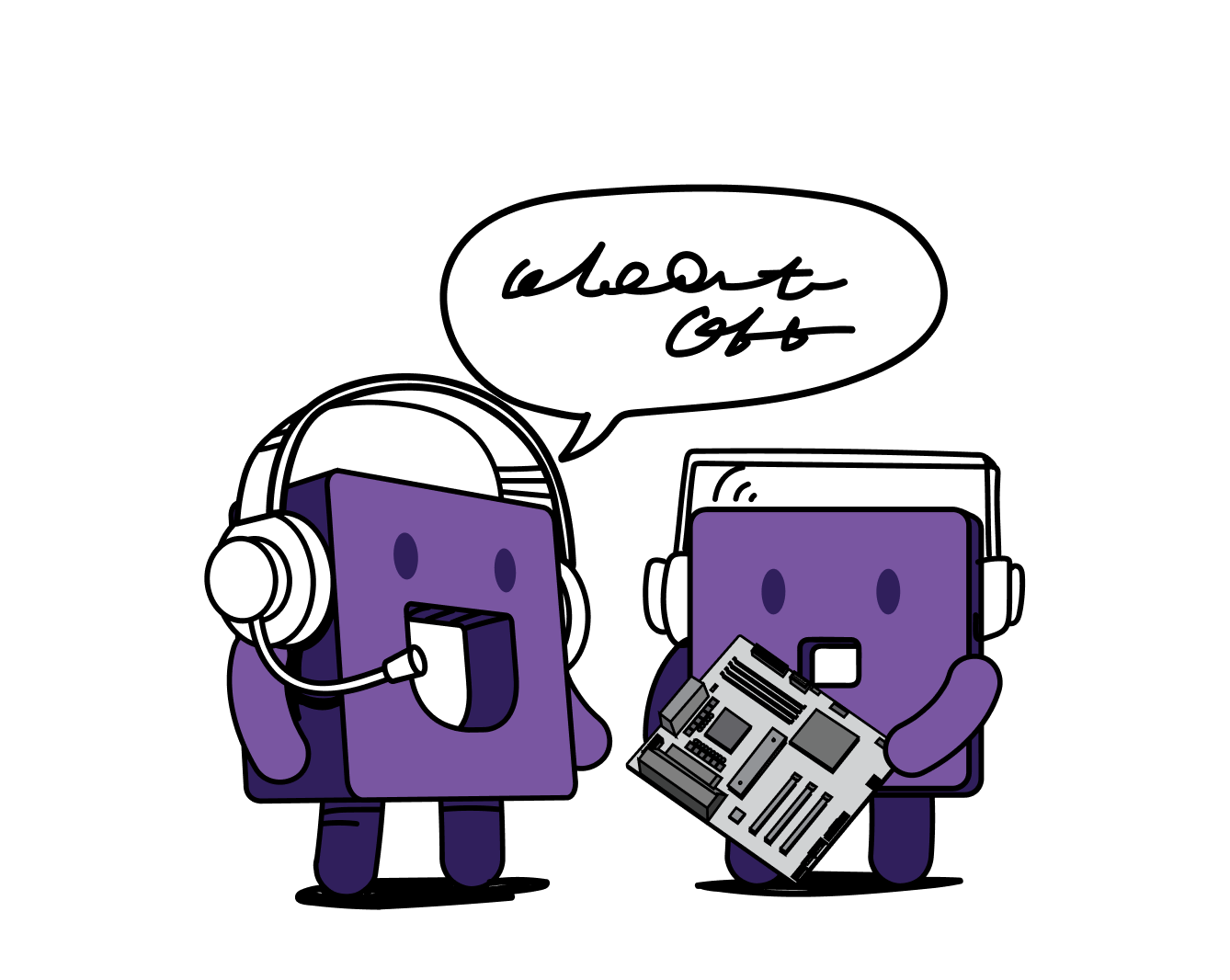 Two purple block-like cartoon characters; one wears a headset with a microphone, the other holds a computer motherboard. Both appear to be interacting or discussing the motherboard. The background is plain white.