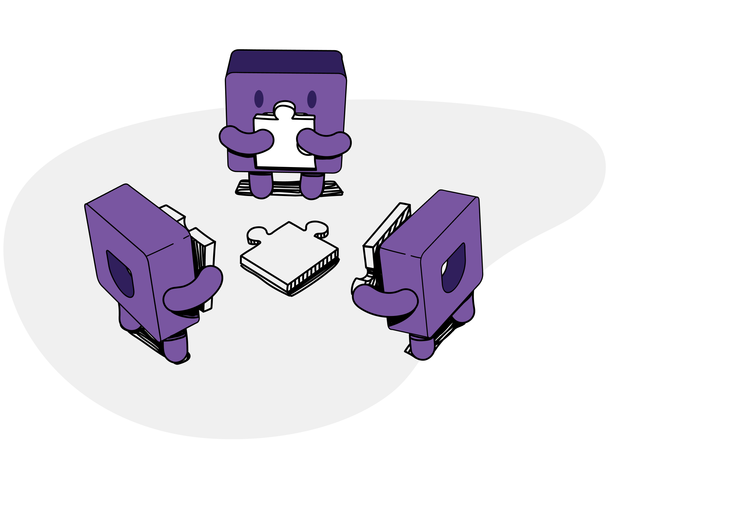 Three purple cartoon block characters are standing in a circle, each holding a puzzle piece, with a missing puzzle piece in the center on a white background.