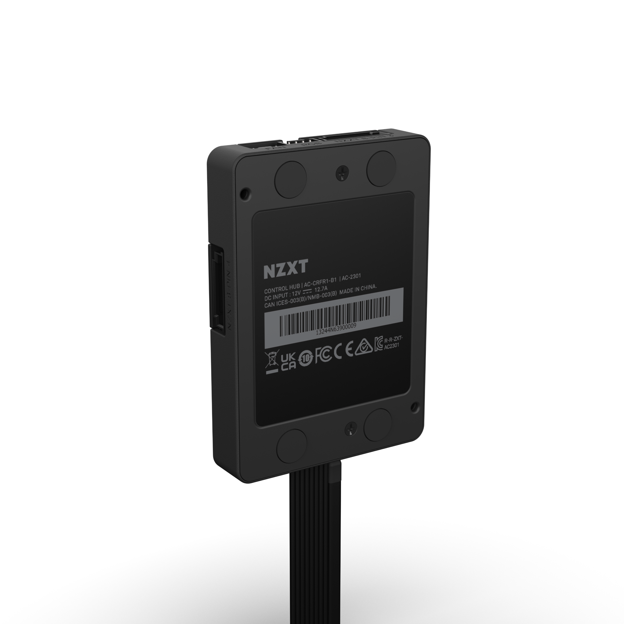 A black NZXT Control Hub with visible ports, certification markings, barcode, and product info is shown connected by cables. Designed for seamless RGB lighting management through NZXT CAM software against a plain background.