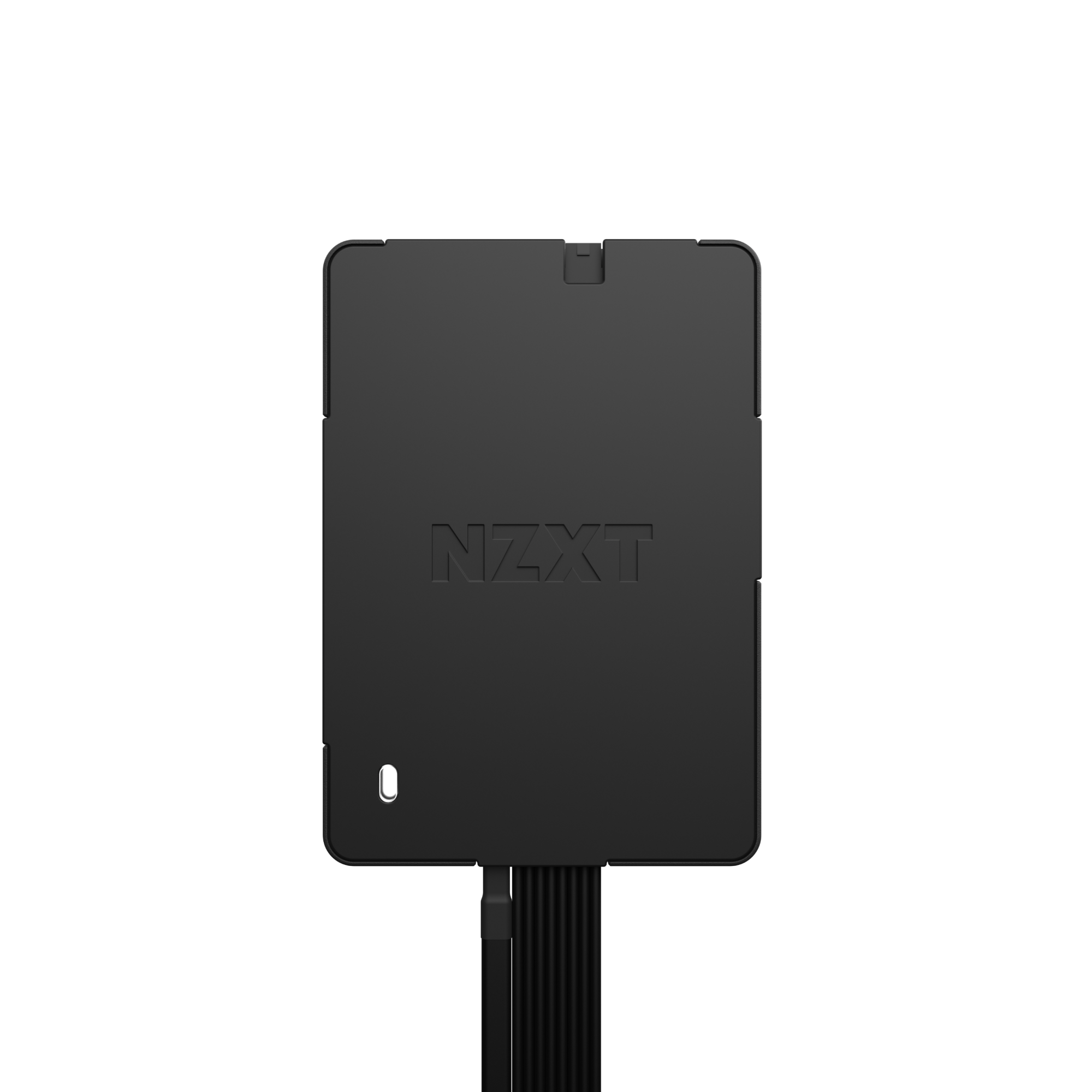 The NZXT Control Hub is a black, rectangular device with rounded edges, a subtle center logo, and a small white indicator light at the bottom left. Cables extend from the base, all designed for seamless RGB lighting management against a dark background.