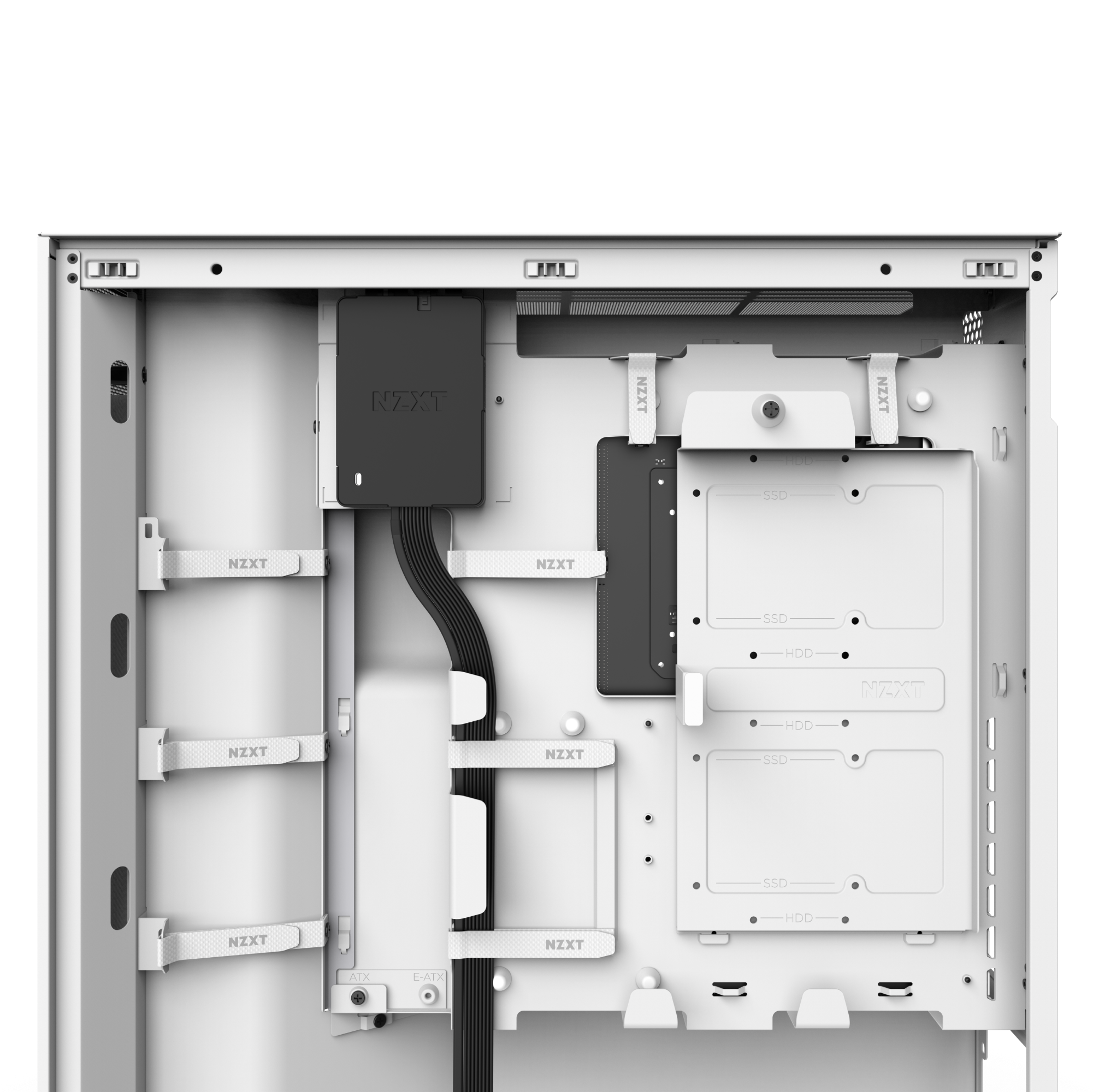 Open white NZXT PC case highlighting tidy cable management, SSD/HDD mounts, and pre-installed cables. Features seamless RGB control through NZXT CAM software and integrates with the NZXT Control Hub; NZXT logo visible on the case.