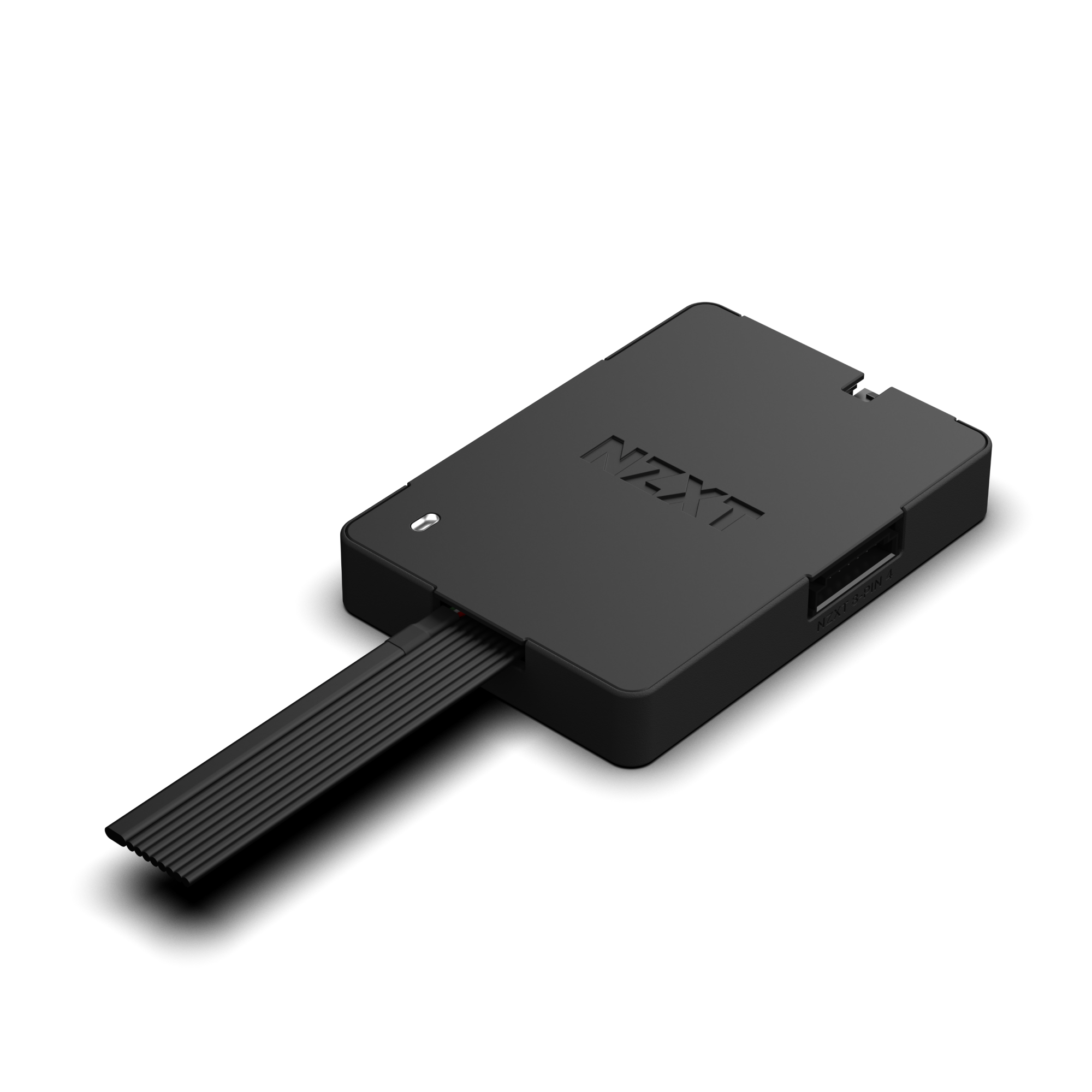 The NZXT Control Hub is a sleek black rectangular device with a flat ribbon cable, designed for seamless RGB lighting management via NZXT CAM software.