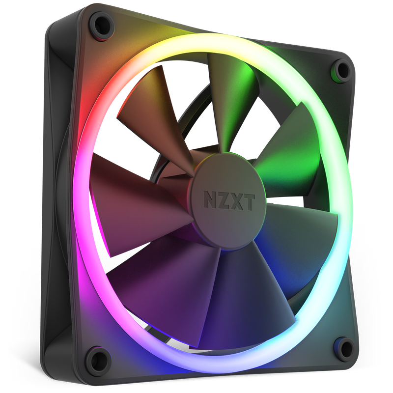 The NZXT F120 RGB is a black computer cooling fan with five blades and a multicolor circular RGB LED, featuring fluid dynamic bearing technology, shown on a transparent background.