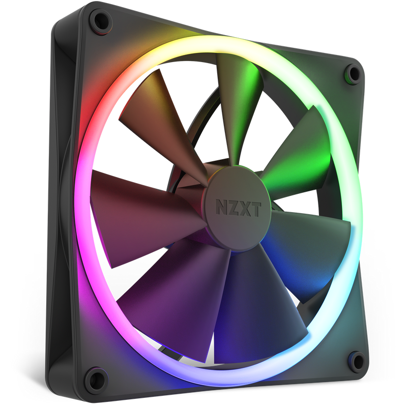 The NZXT F140 RGB computer case fan features a black frame, seven blades, and a vibrant, illuminated RGB light ring that displays a gradient of colors. Its shown at a slight angle to highlight its high airflow design.