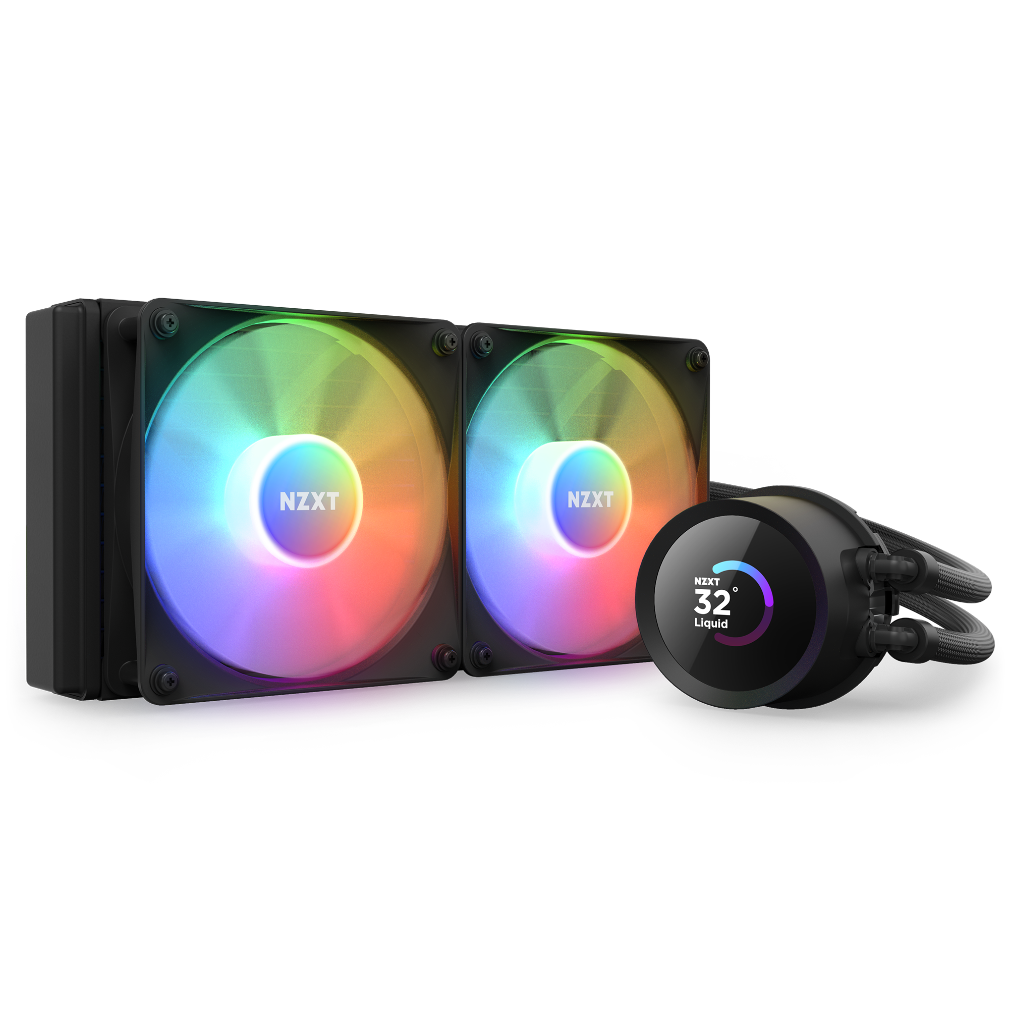 The NZXT Kraken 240 RGB liquid CPU cooler features two RGB-lit fans and a circular LCD pump displaying a 32°C liquid temperature. The NZXT logo appears on the fans and pump, while black braided tubes deliver optimal cooling performance.