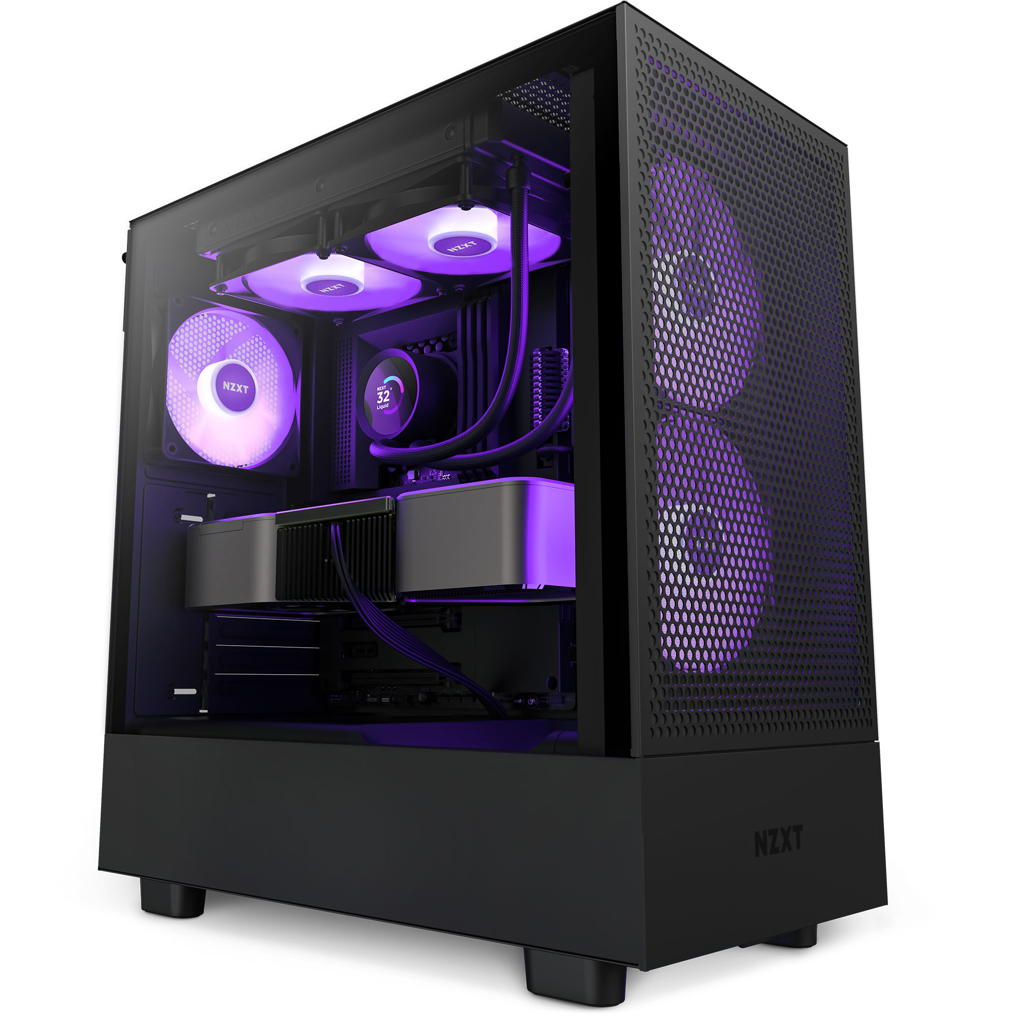 A black NZXT gaming PC case with a tempered glass side panel displays purple LED-lit components, including an NZXT Kraken 240 RGB liquid cooler with an LCD screen for stylish, high-performance cooling.