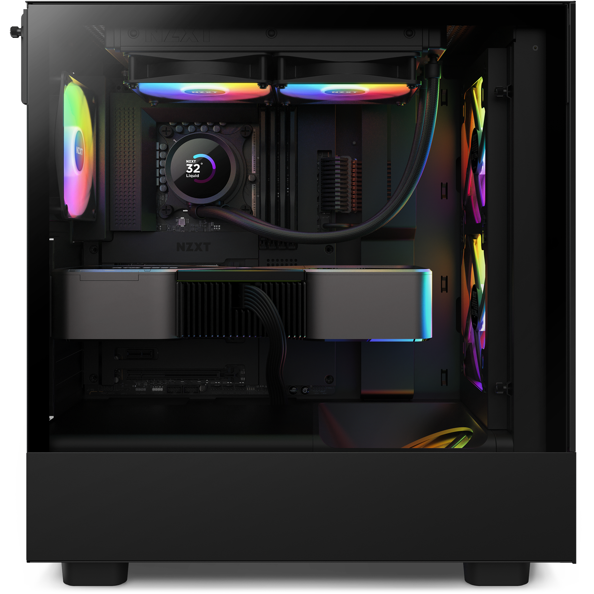 A side view of a black gaming PC featuring NZXT’s Kraken 240 RGB liquid cooler with LCD temperature display, optimal cooling, vibrant RGB lighting, a large graphics card, and neatly managed cables.