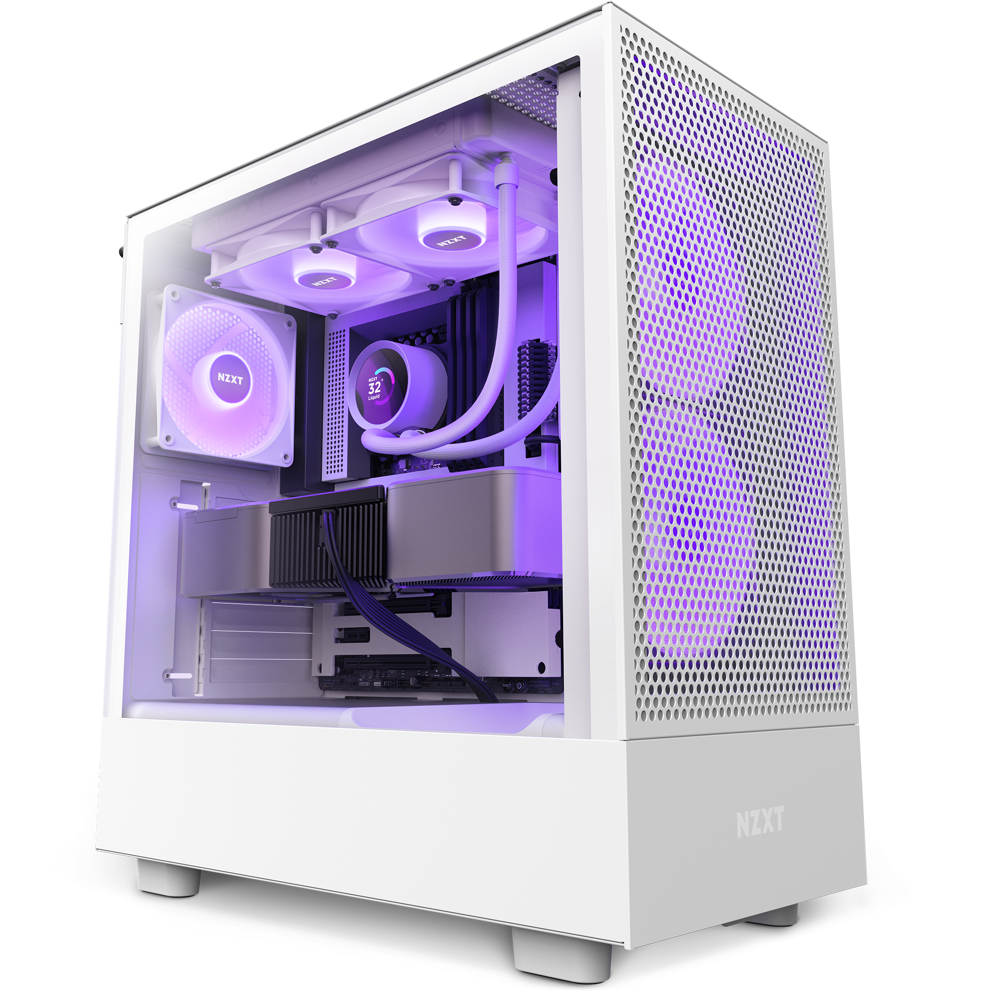A white NZXT gaming PC case with a transparent side panel showcases internal components illuminated by purple LED lights, including fans, a Kraken 240 RGB liquid cooling system with an LCD screen, and a powerful graphics card.